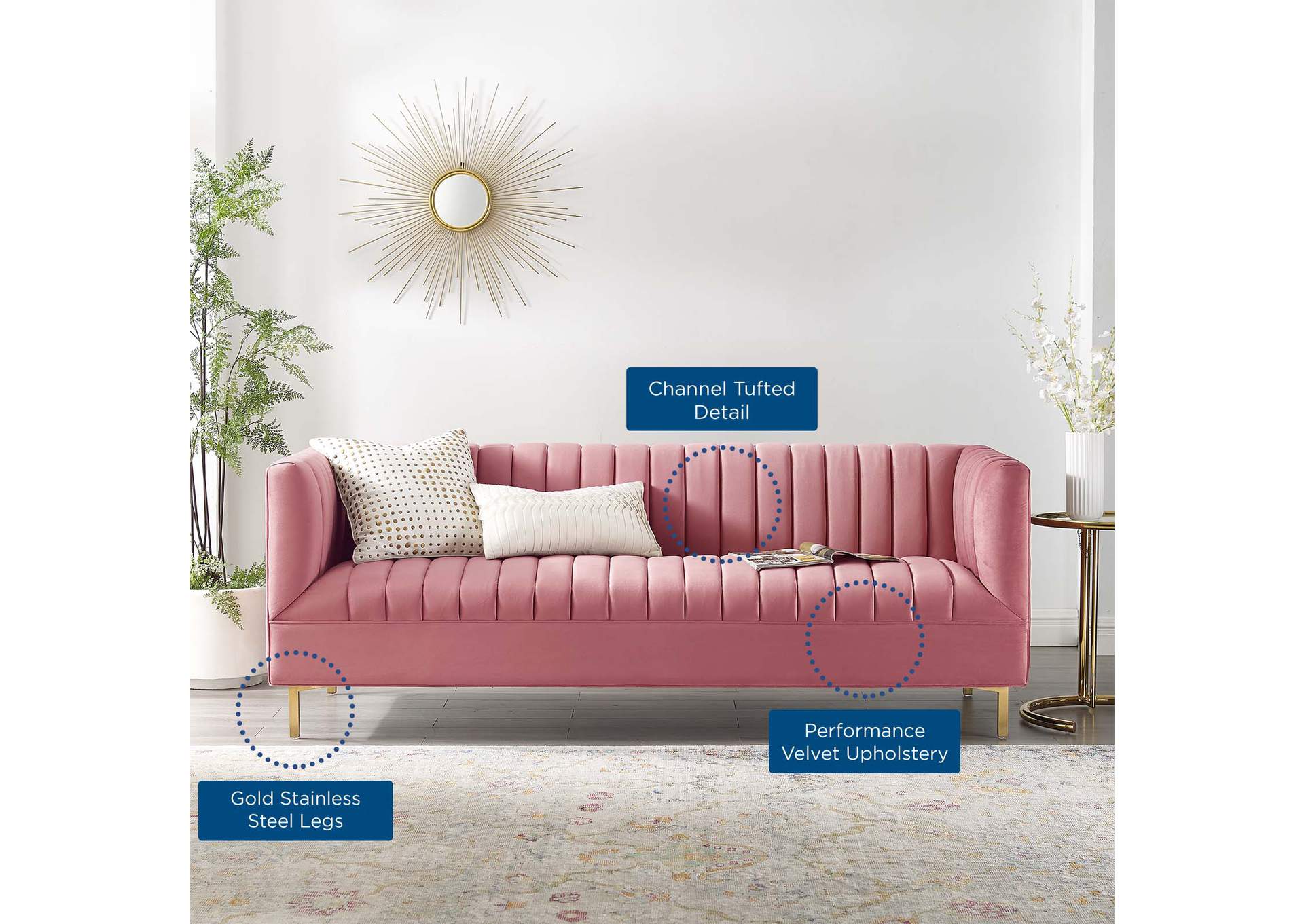 Dusty Rose Shift Channel Tufted Performance Velvet Sofa,Modway