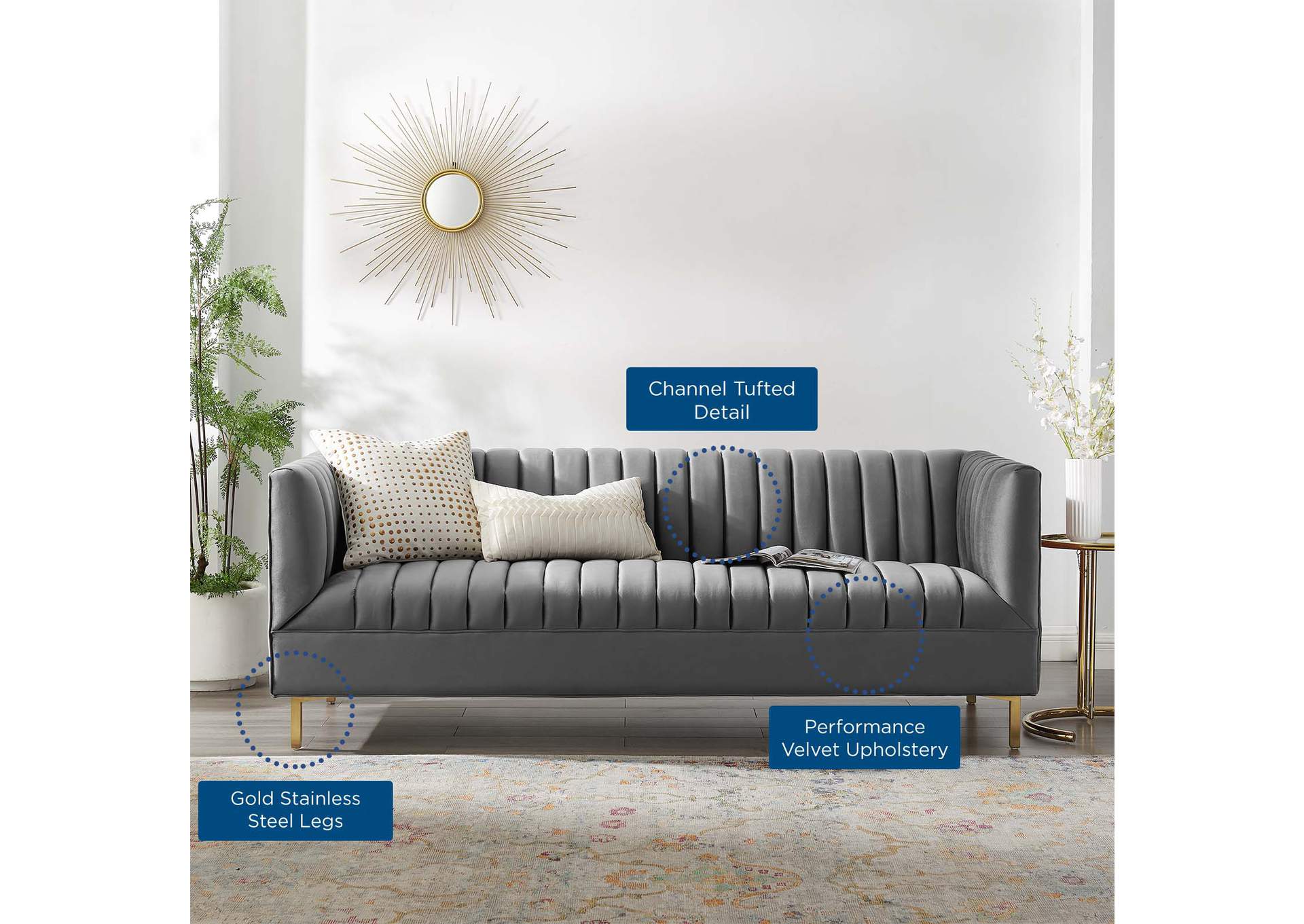 Gray Shift Channel Tufted Performance Velvet Sofa,Modway