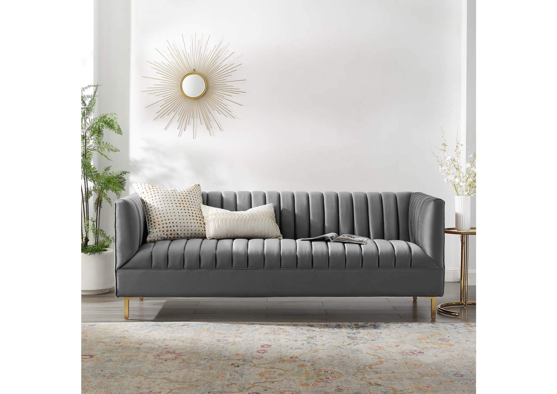 Gray Shift Channel Tufted Performance Velvet Sofa,Modway