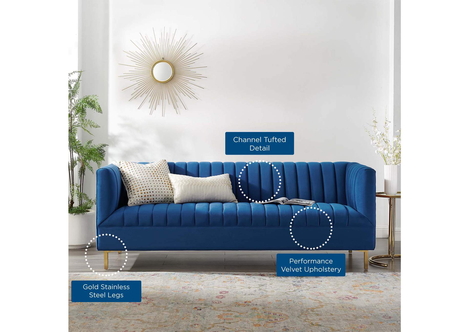Navy Shift Channel Tufted Performance Velvet Sofa,Modway