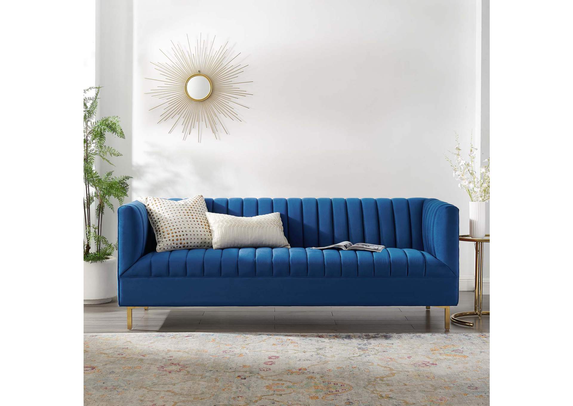 Navy Shift Channel Tufted Performance Velvet Sofa,Modway