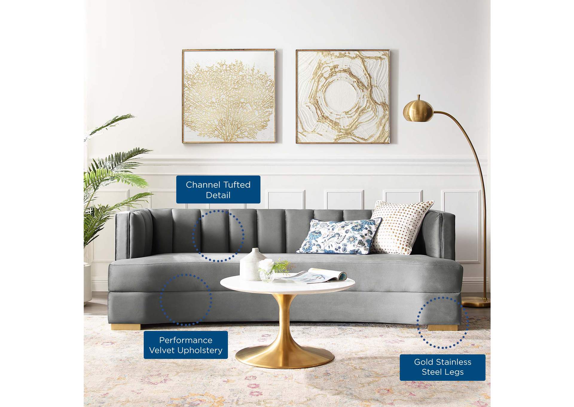 Gray Encompass Channel Tufted Performance Velvet Curved Sofa,Modway