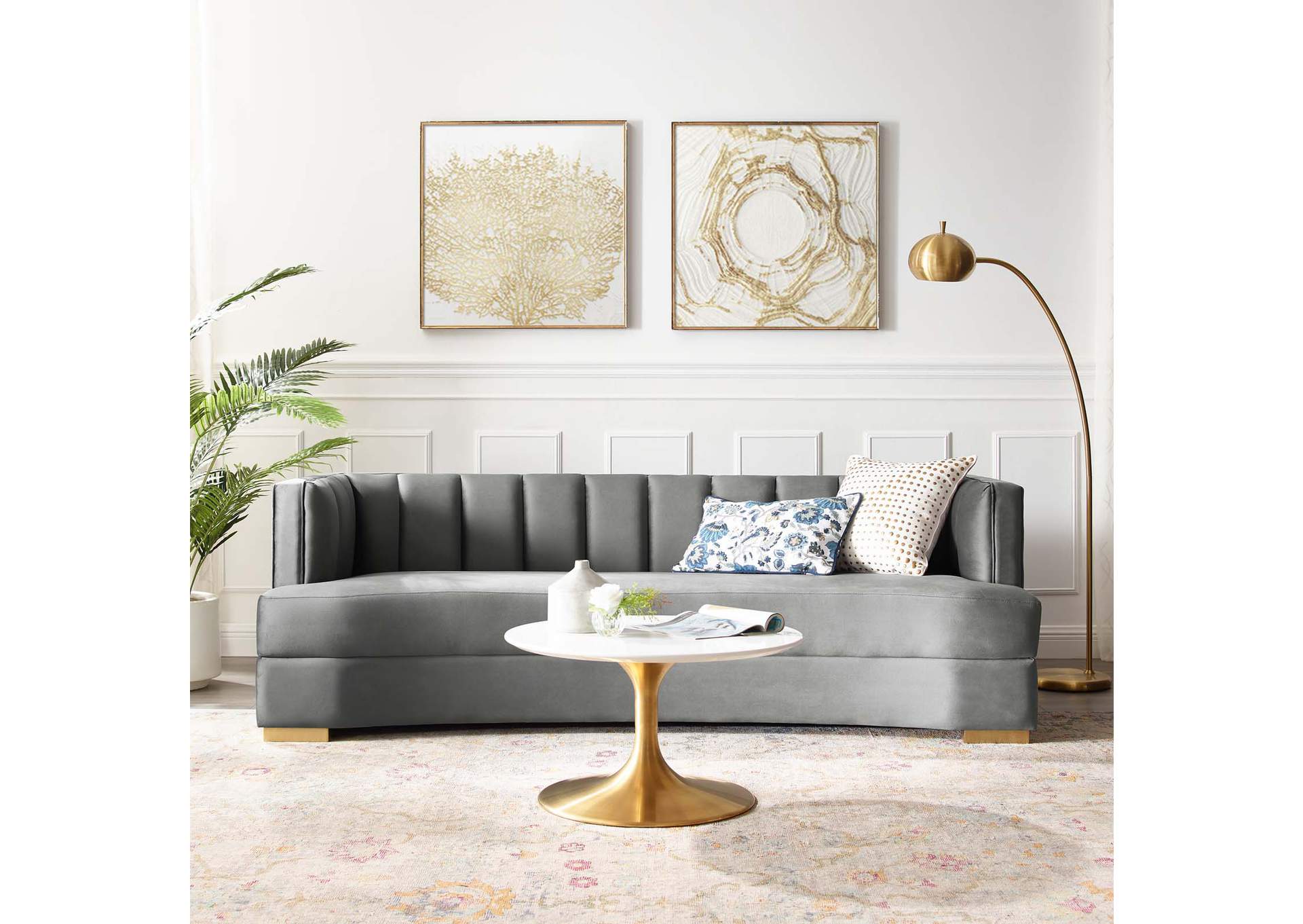 Gray Encompass Channel Tufted Performance Velvet Curved Sofa,Modway