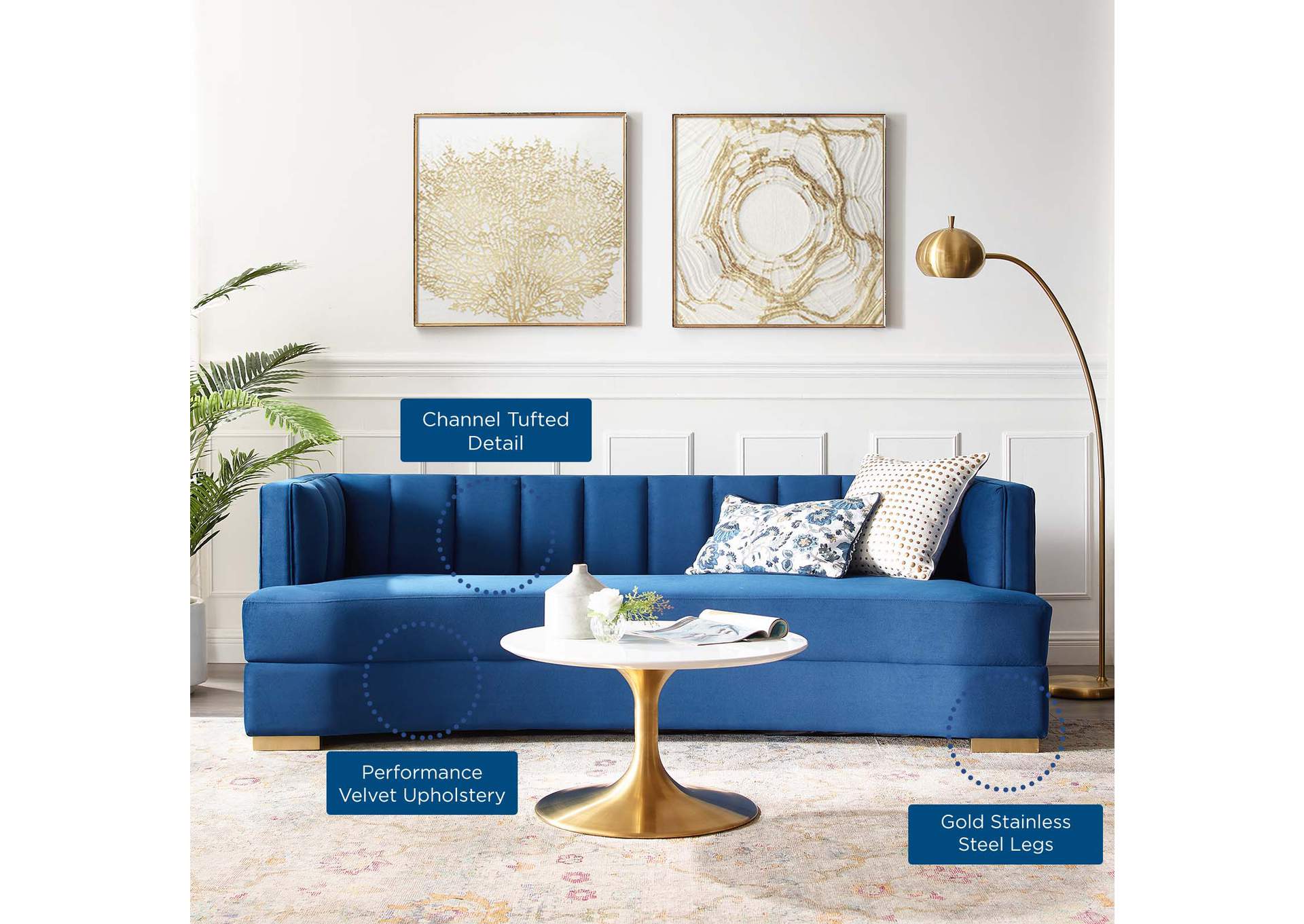 Navy Encompass Channel Tufted Performance Velvet Curved Sofa,Modway