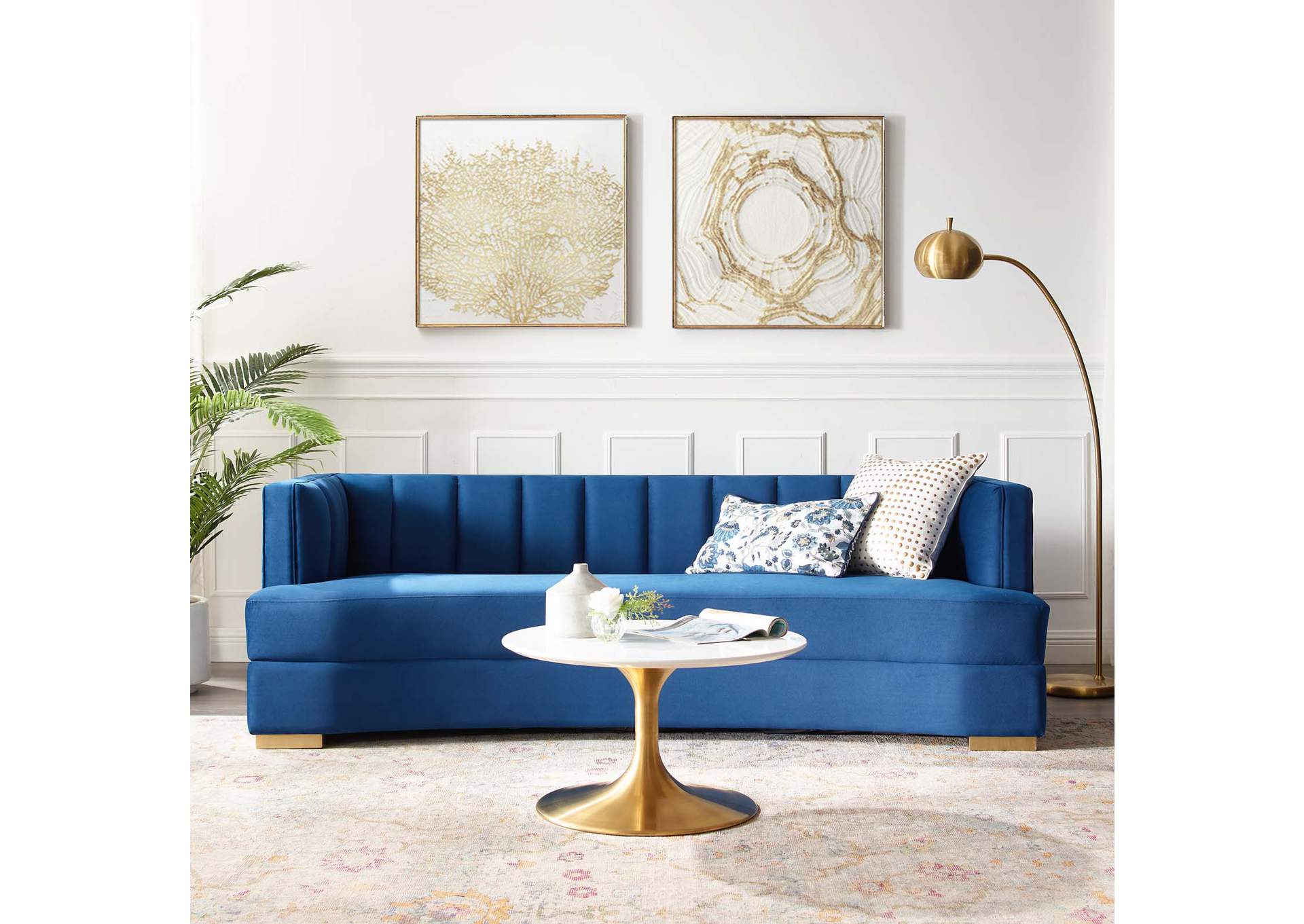 Navy Encompass Channel Tufted Performance Velvet Curved Sofa,Modway