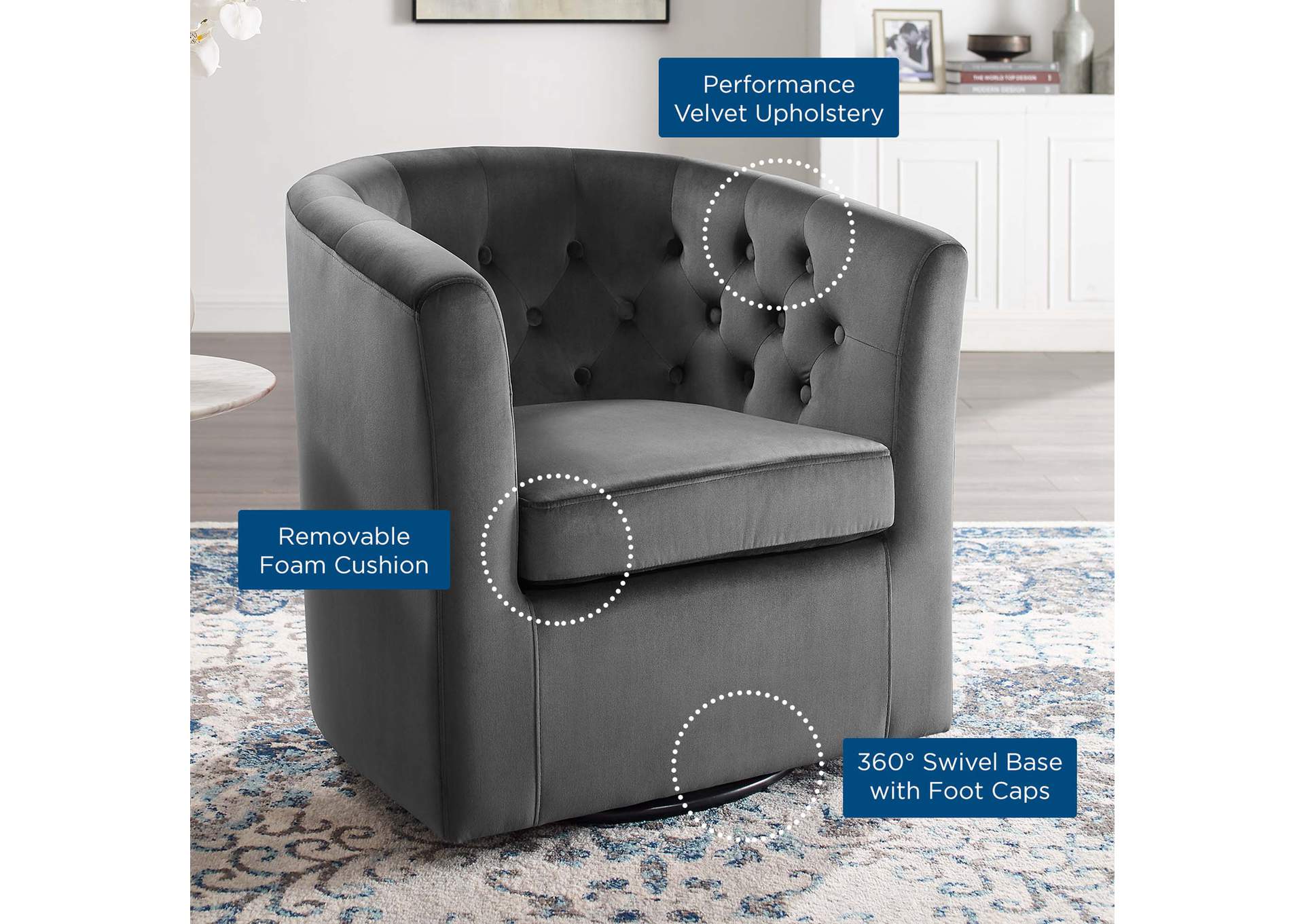 Charcoal Prospect Tufted Performance Velvet Swivel Arm Chair,Modway