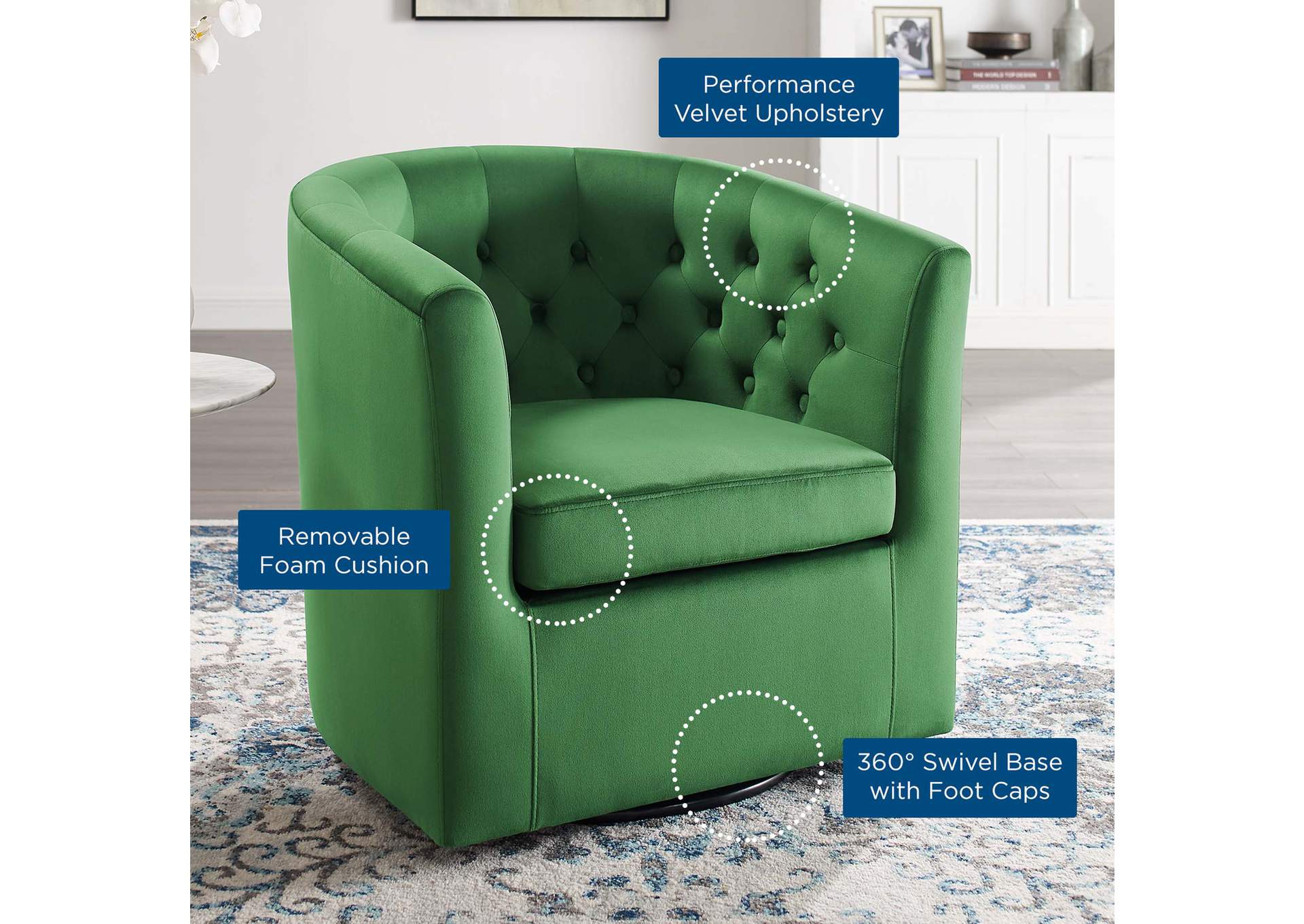 Emerald Prospect Tufted Performance Velvet Swivel Arm Chair,Modway