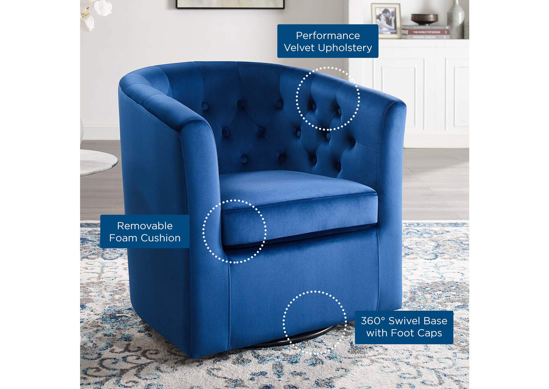 Navy Prospect Tufted Performance Velvet Swivel Arm Chair,Modway