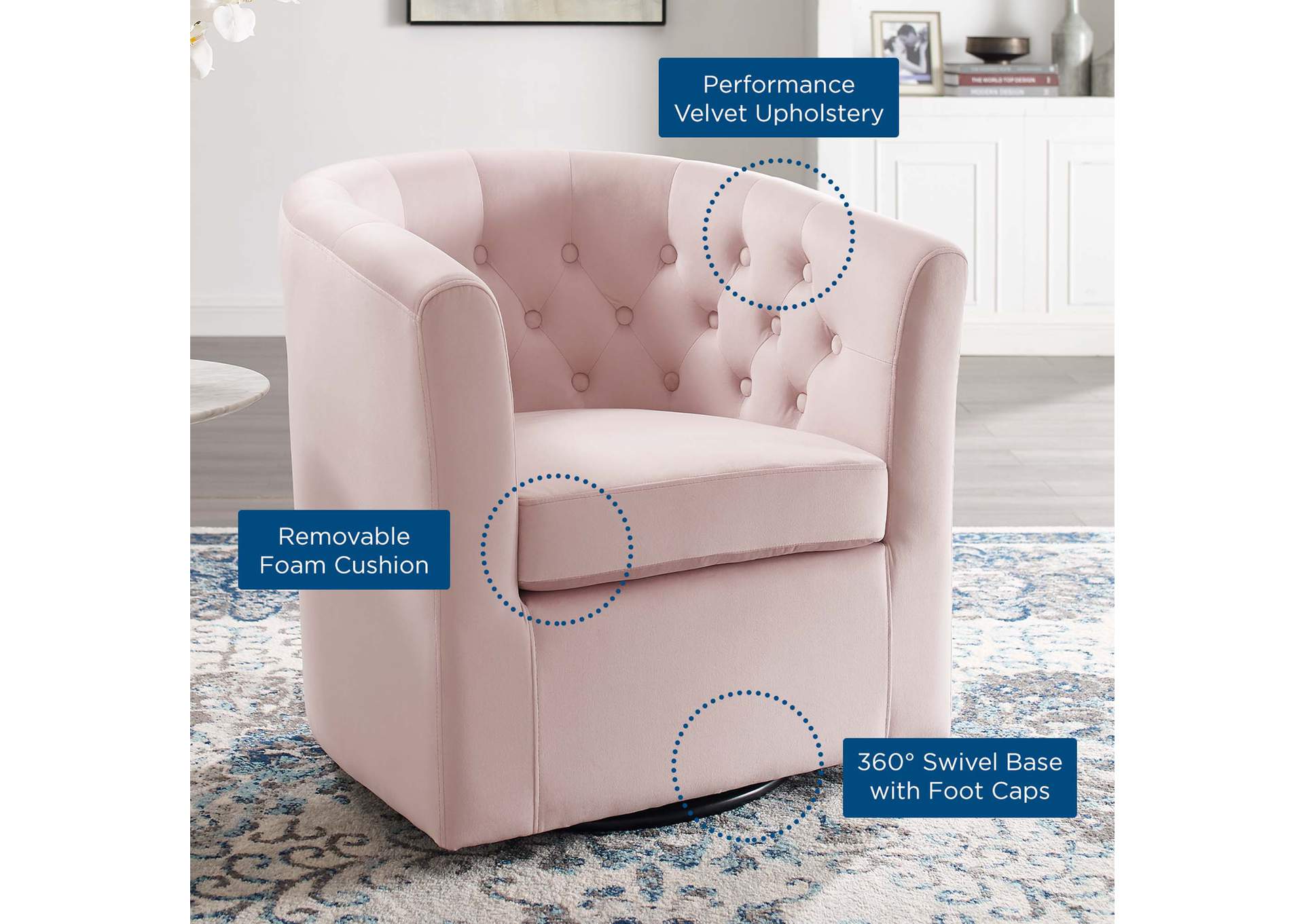 Pink Prospect Tufted Performance Velvet Swivel Arm Chair,Modway