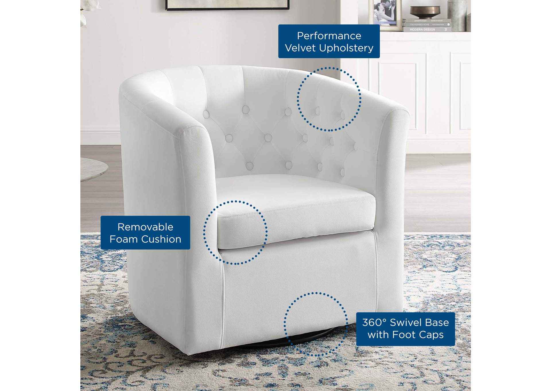 White Prospect Tufted Performance Velvet Swivel Arm Chair,Modway