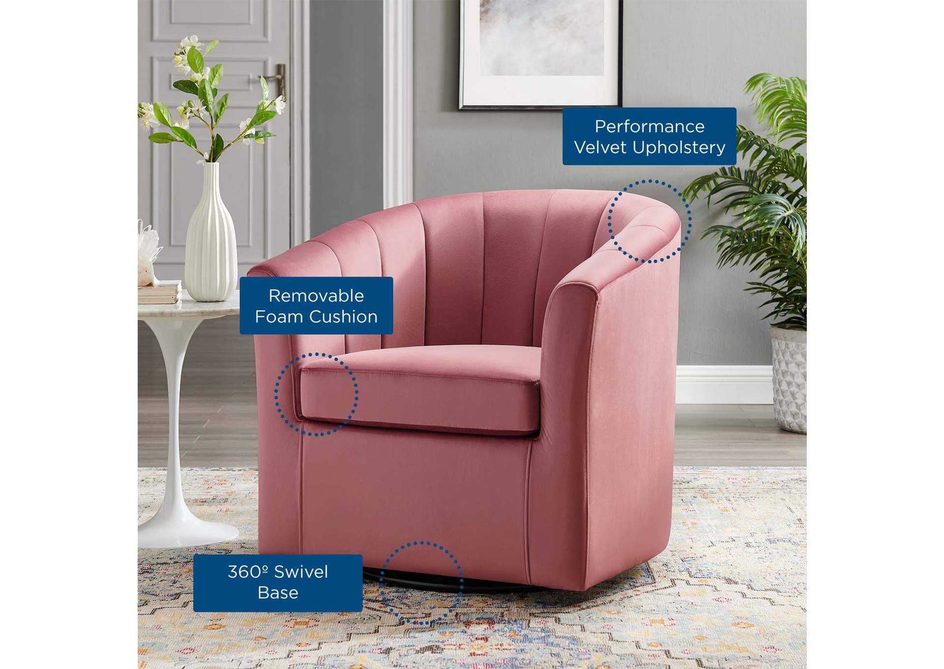 Dusty Rose Prospect Performance Velvet Swivel Arm Chair,Modway