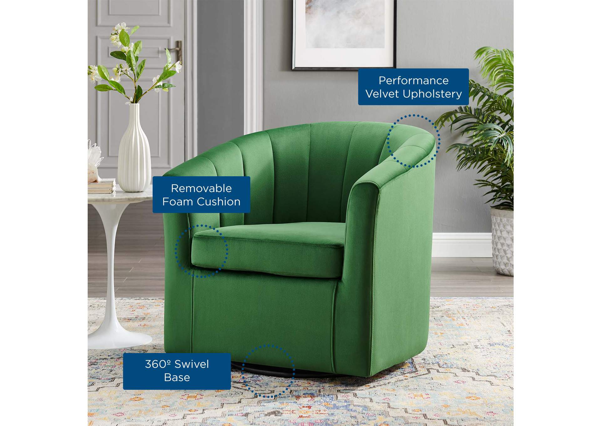 Emerald Prospect Performance Velvet Swivel Arm Chair,Modway