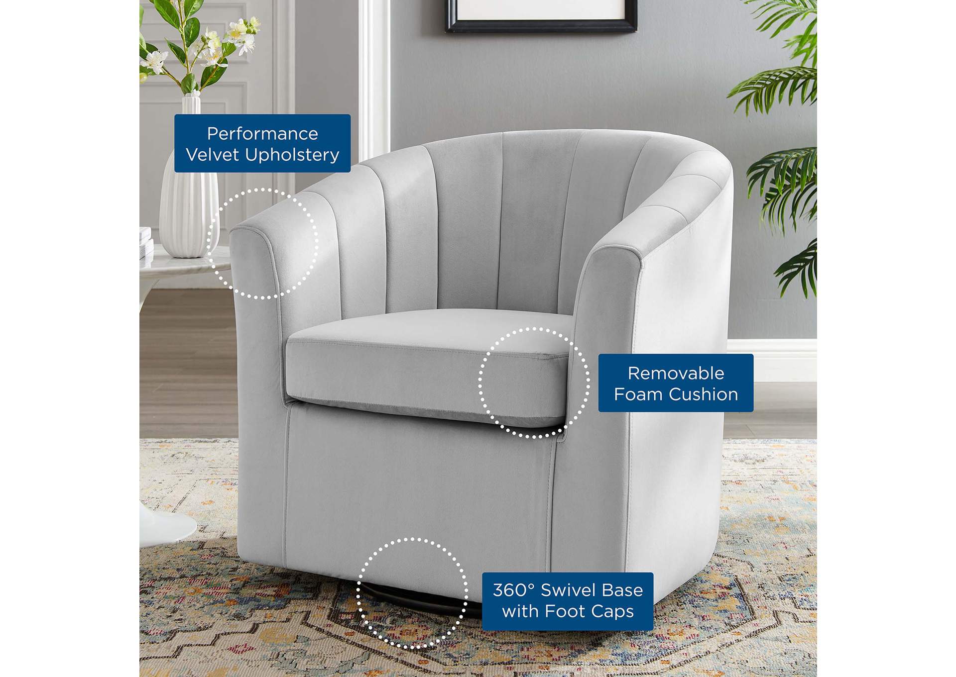 Light Gray Prospect Performance Velvet Swivel Arm Chair,Modway