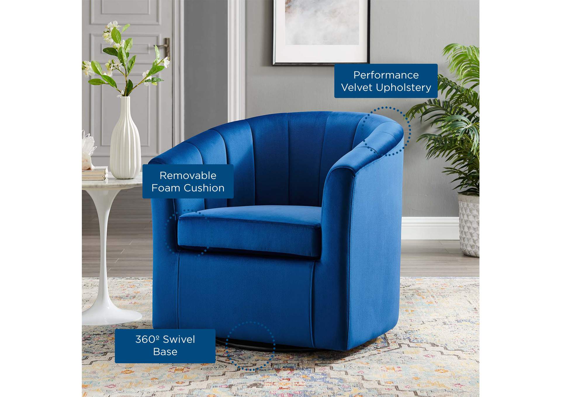 Navy Prospect Performance Velvet Swivel Arm Chair,Modway