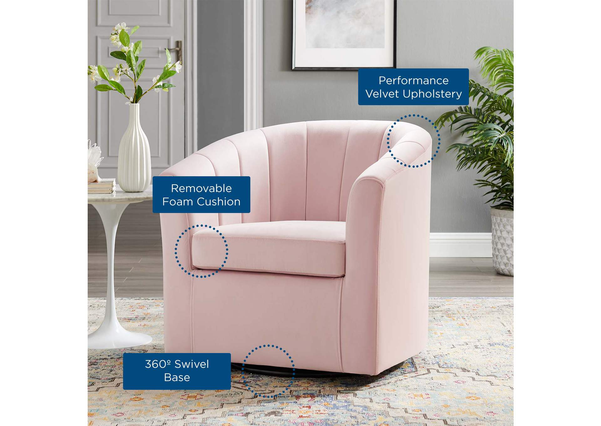 Pink Prospect Performance Velvet Swivel Arm Chair,Modway