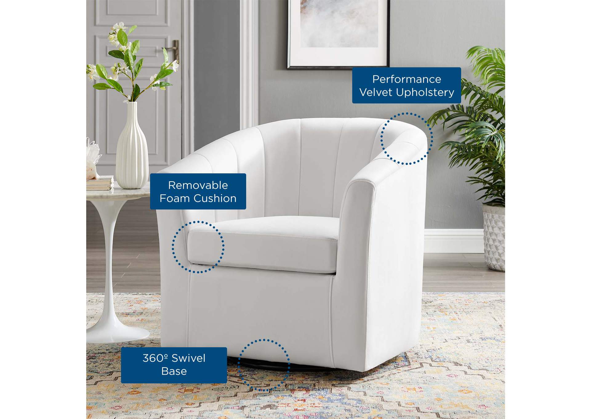 White Prospect Performance Velvet Swivel Arm Chair,Modway