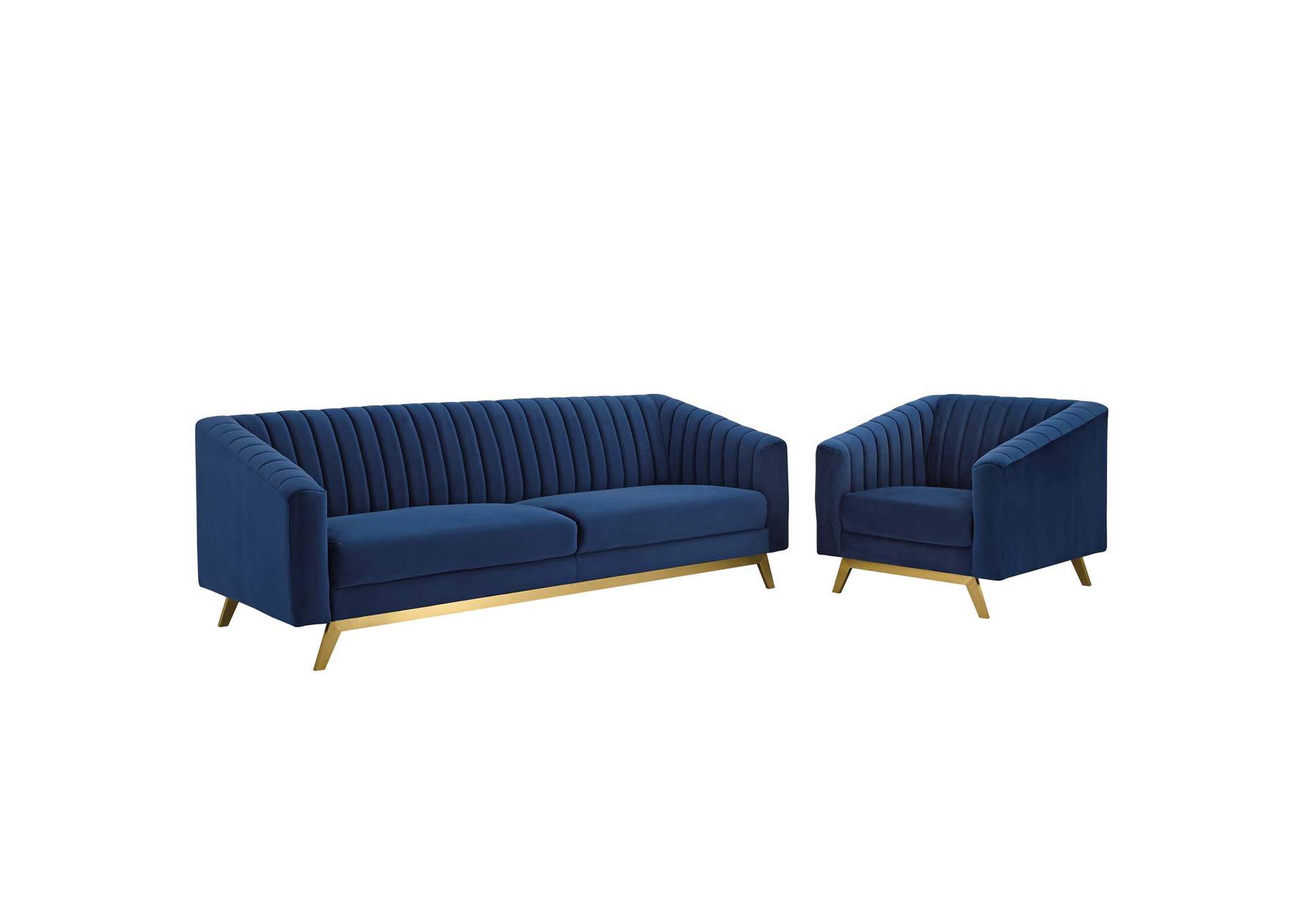 Navy Valiant Vertical Channel Tufted Performance Velvet Sofa and Armchair Set,Modway