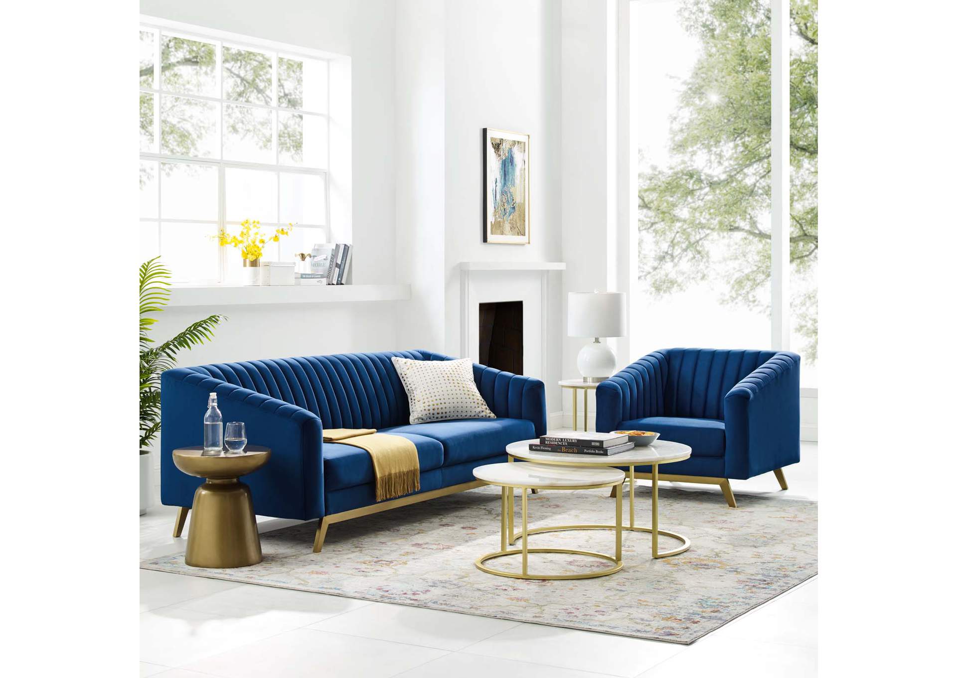 Navy Valiant Vertical Channel Tufted Performance Velvet Sofa and Armchair Set,Modway