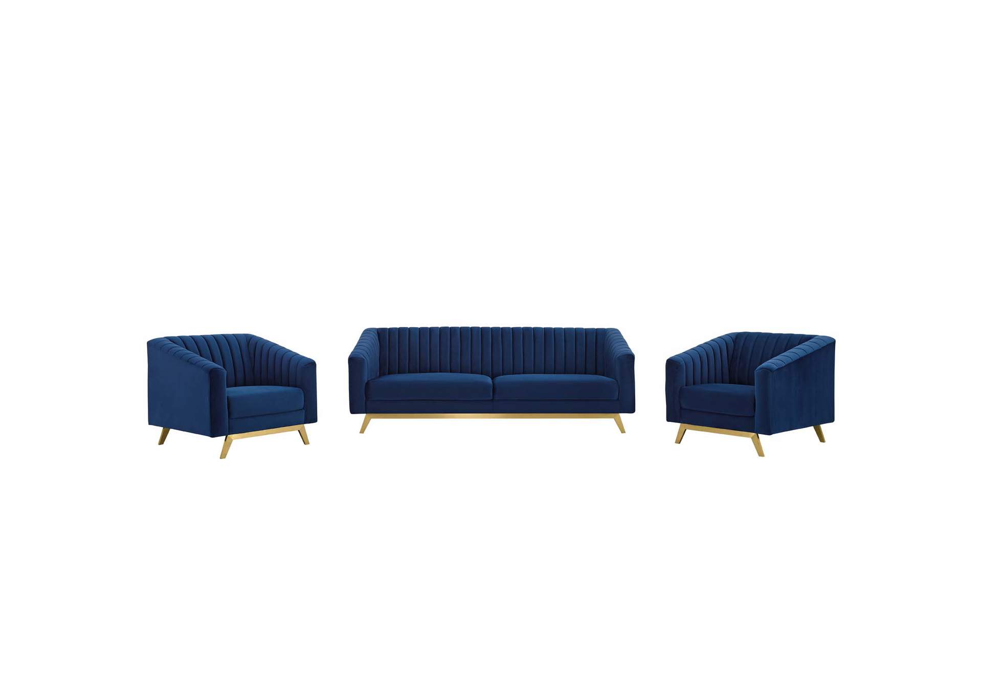 Navy Valiant Vertical Channel Tufted Upholstered Performance Velvet 3 Piece Set,Modway