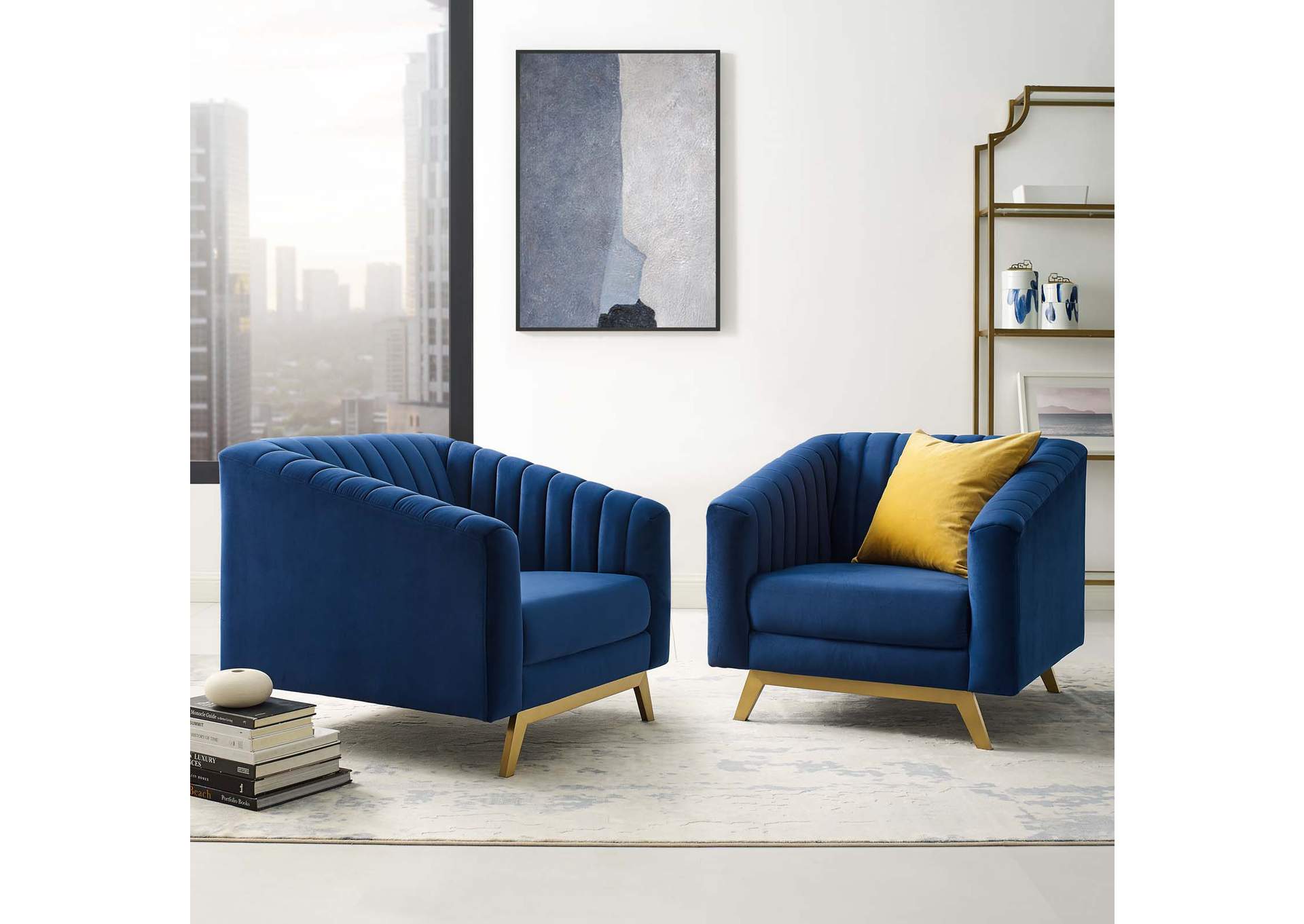 Navy Valiant Vertical Channel Tufted Upholstered Performance Velvet Arm Dining Chair [Set of 2],Modway