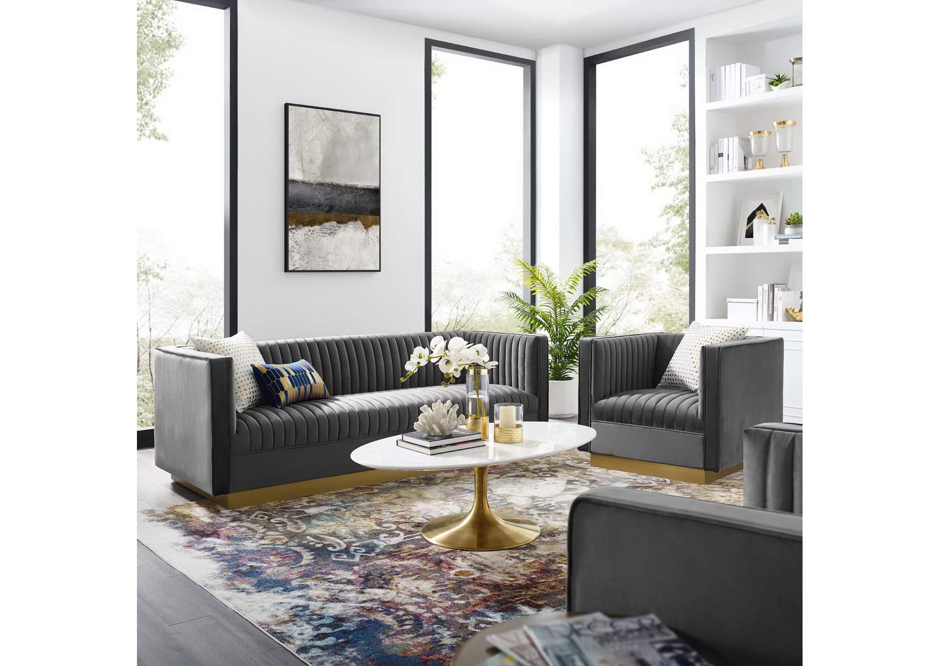 Gray Sanguine Vertical Channel Tufted Upholstered Performance Velvet Sofa and Armchair Set,Modway