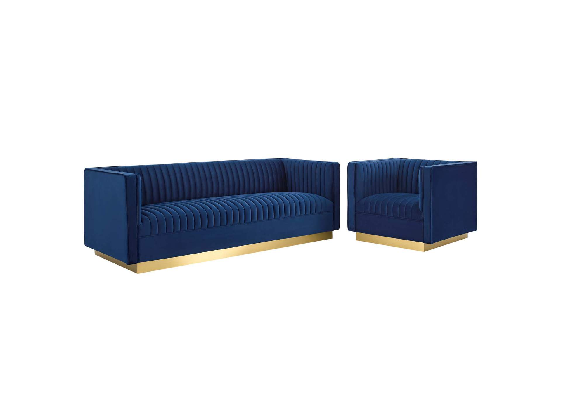 Navy Sanguine Vertical Channel Tufted Upholstered Performance Velvet Sofa and Armchair Set,Modway