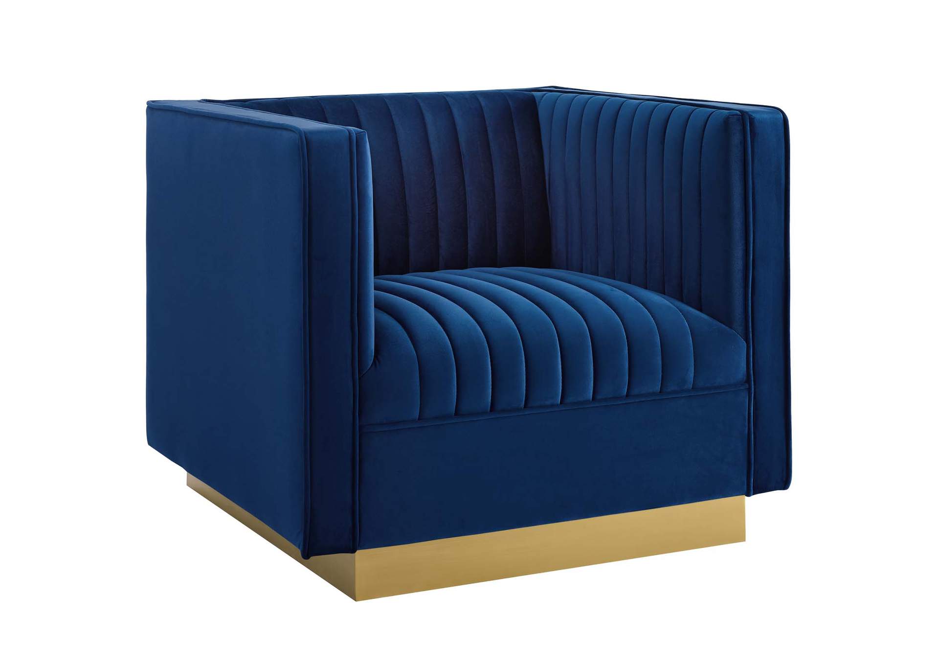 Navy Sanguine Vertical Channel Tufted Upholstered Performance Velvet Sofa and Armchair Set,Modway