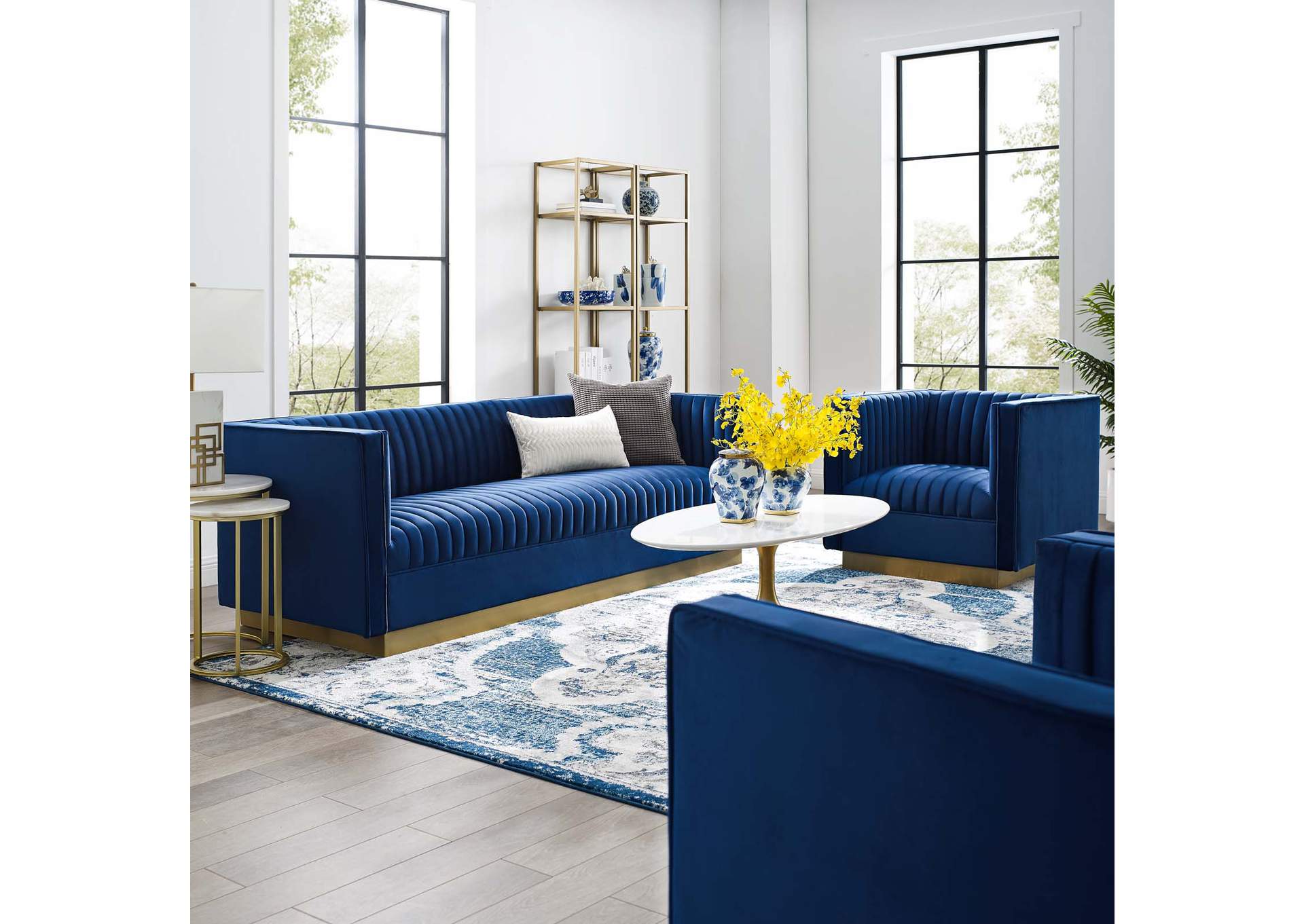 Navy Sanguine Vertical Channel Tufted Upholstered Performance Velvet Sofa and Armchair Set,Modway