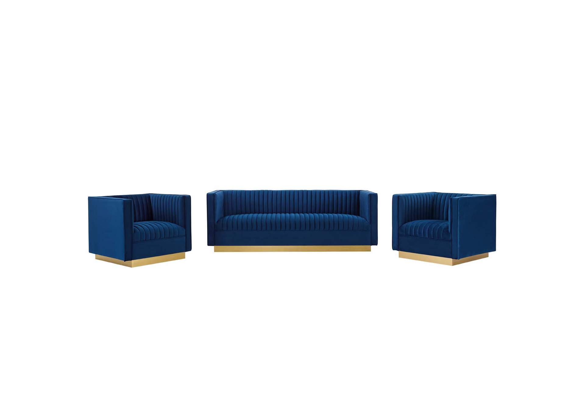 Navy Sanguine 3 Piece Vertical Channel Tufted Upholstered Performance Velvet Set,Modway