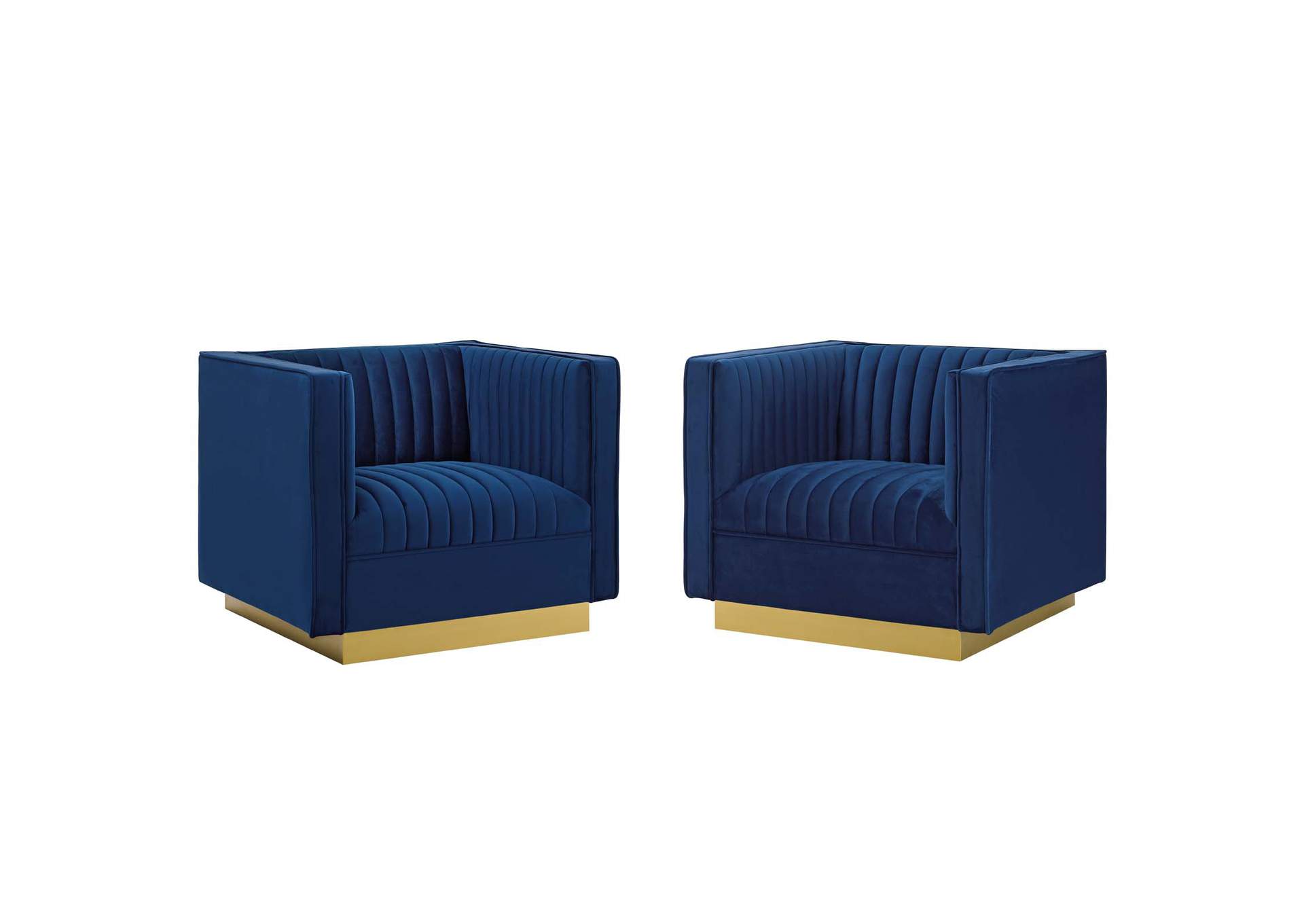 Navy Sanguine Vertical Channel Tufted Upholstered Performance Velvet Arm Chair [Set of 2],Modway