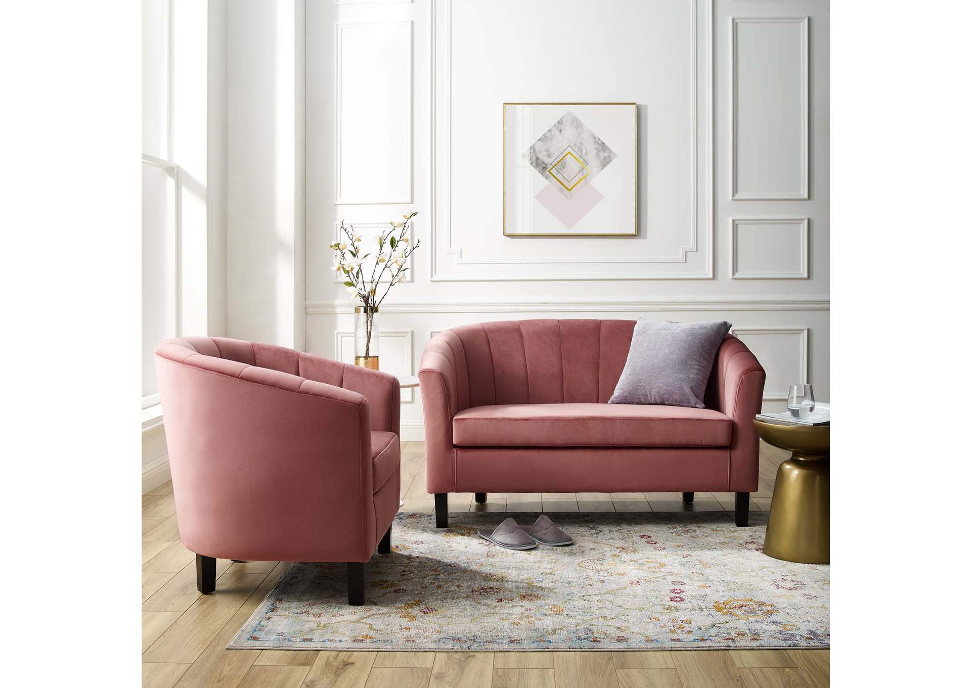 Dusty Rose Prospect Channel Tufted Performance Velvet Loveseat and Armchair Set,Modway