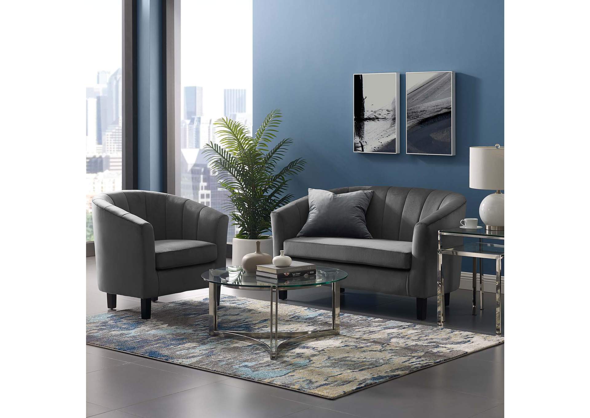 Gray Prospect Channel Tufted Performance Velvet Loveseat and Armchair Set,Modway