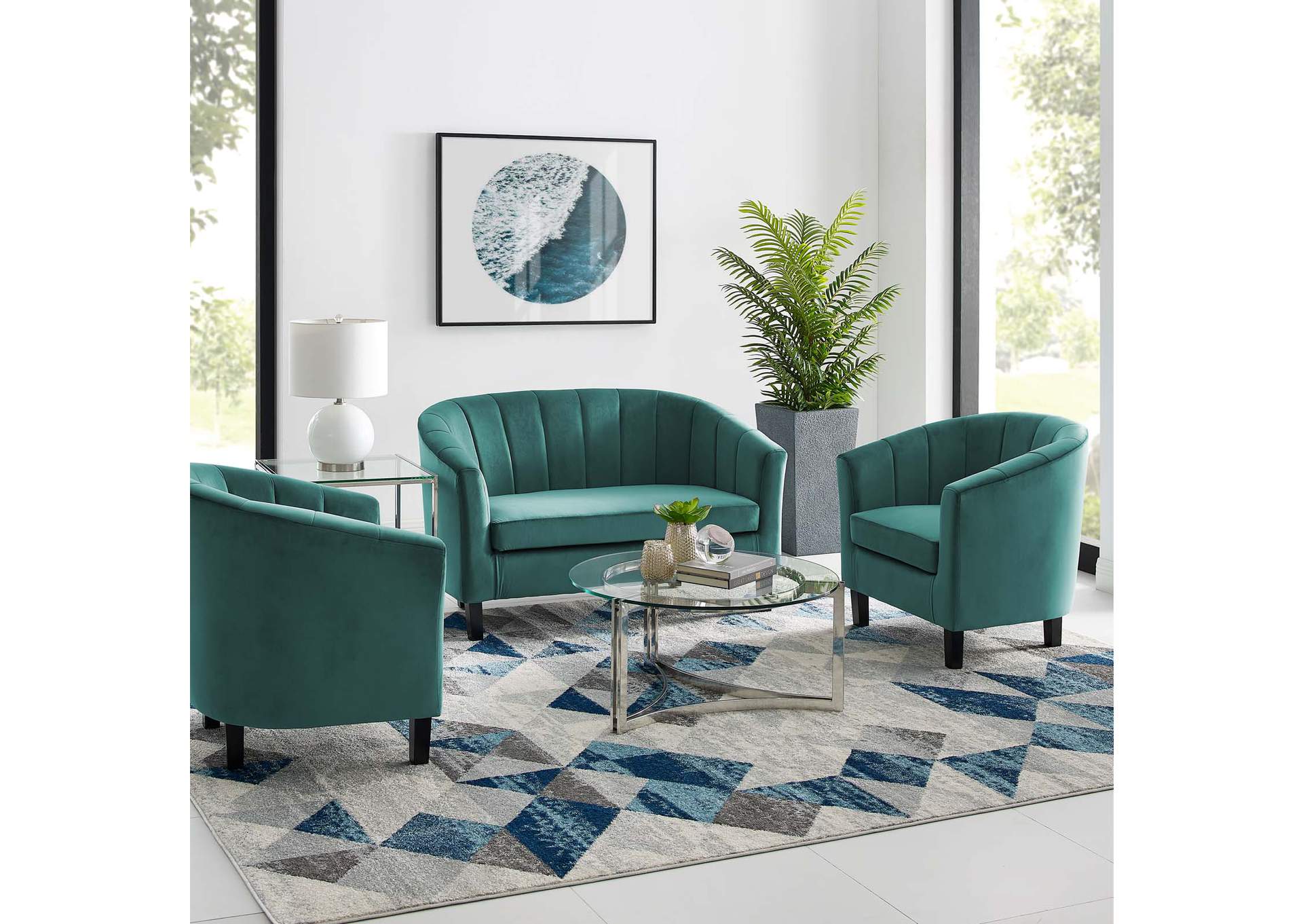 Teal Prospect Channel Tufted 3 Piece Performance Velvet Set,Modway