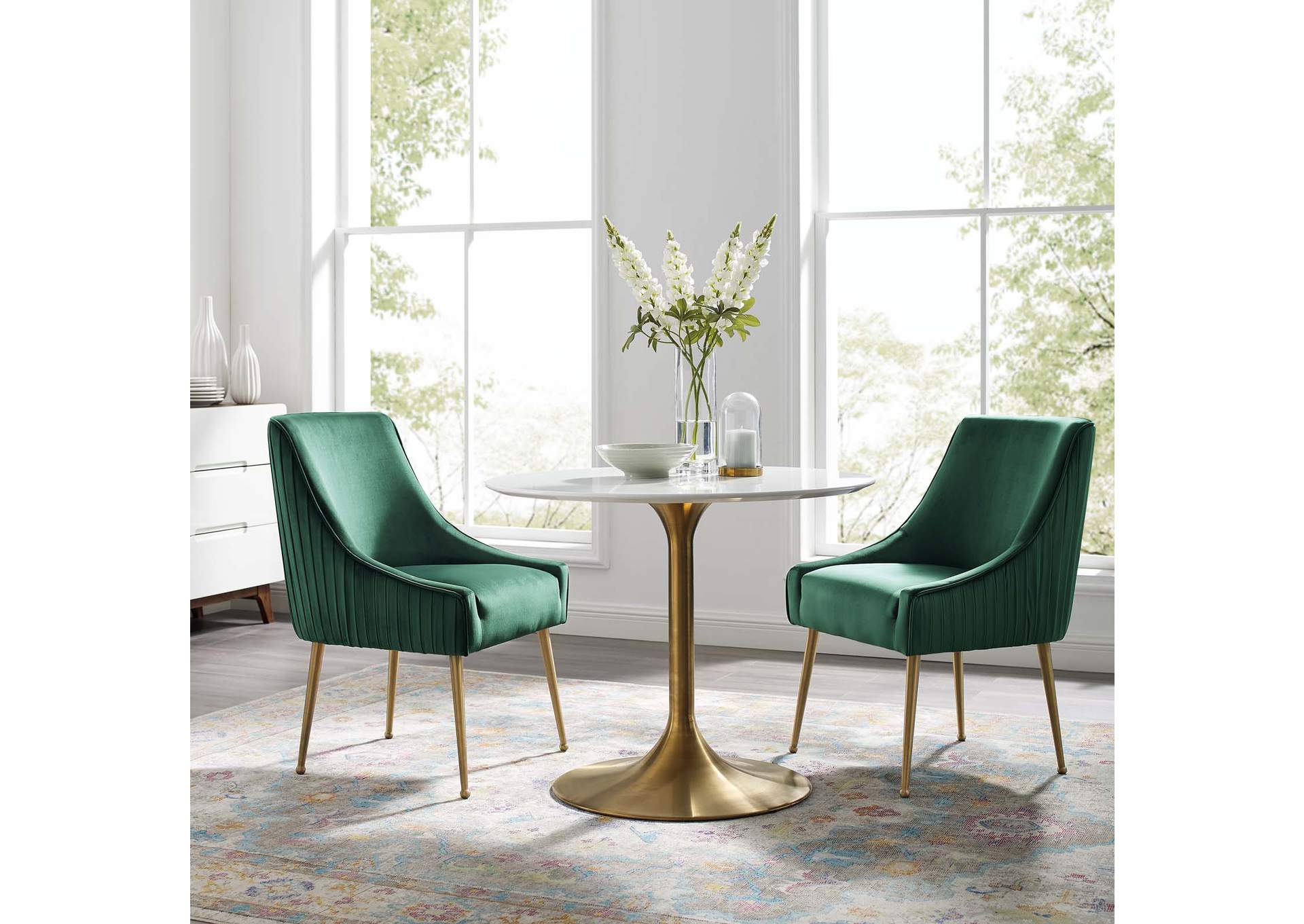 Green Discern Pleated Back Upholstered Performance Velvet Dining Chair [Set of 2],Modway