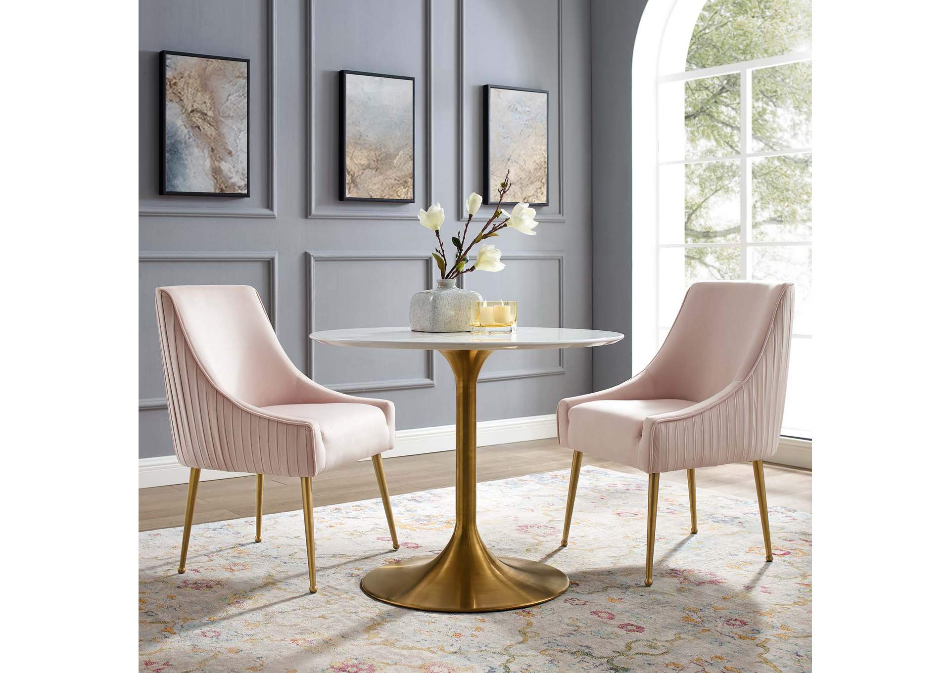 Pink Discern Pleated Back Upholstered Performance Velvet Dining Chair [Set of 2],Modway
