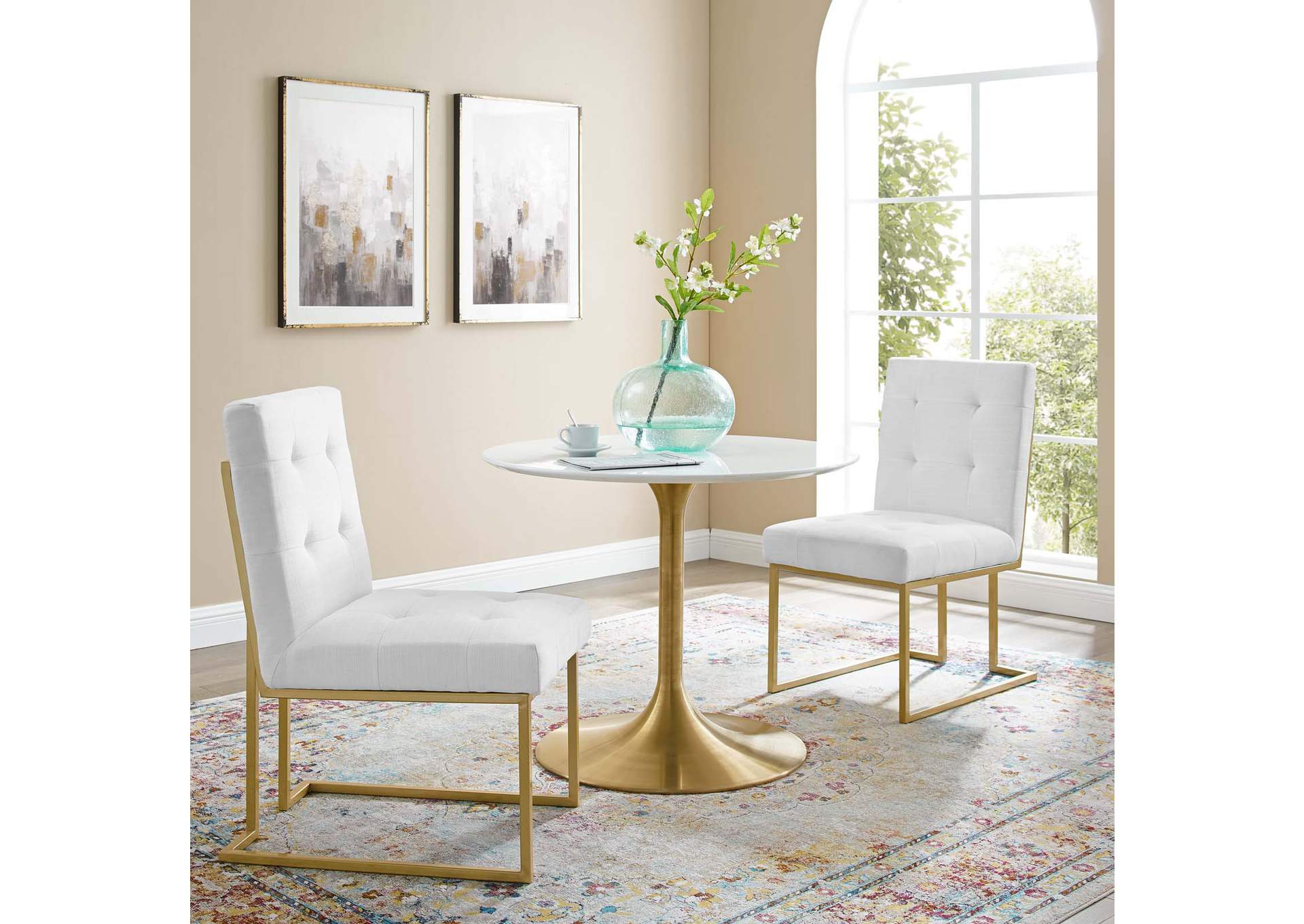Gold White Privy Gold Stainless Steel Upholstered Fabric Dining Accent Chair [Set of 2],Modway