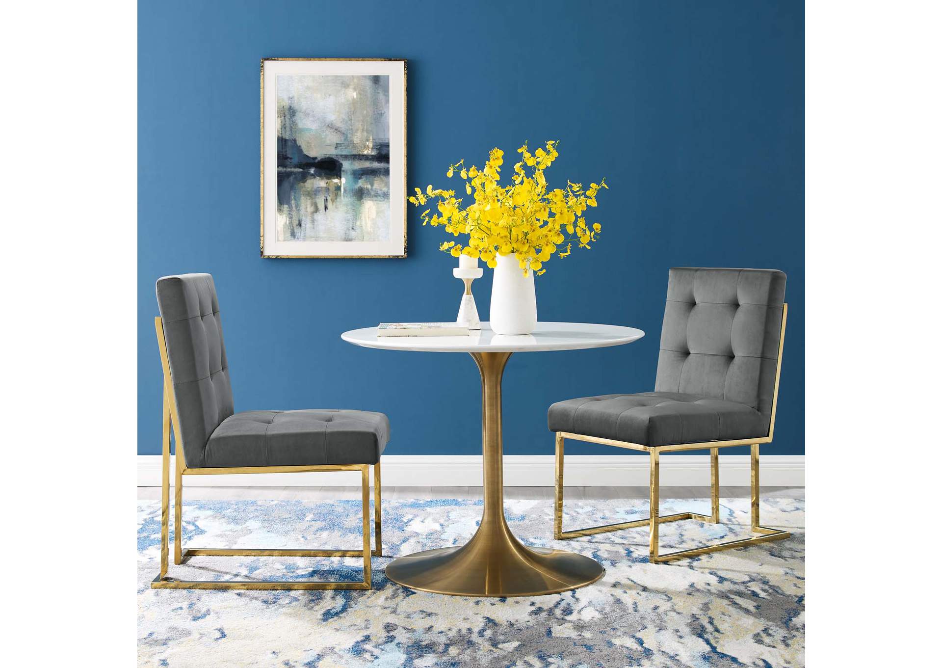 Gold Charcoal Privy Gold Stainless Steel Performance Velvet Dining Chair [Set of 2],Modway