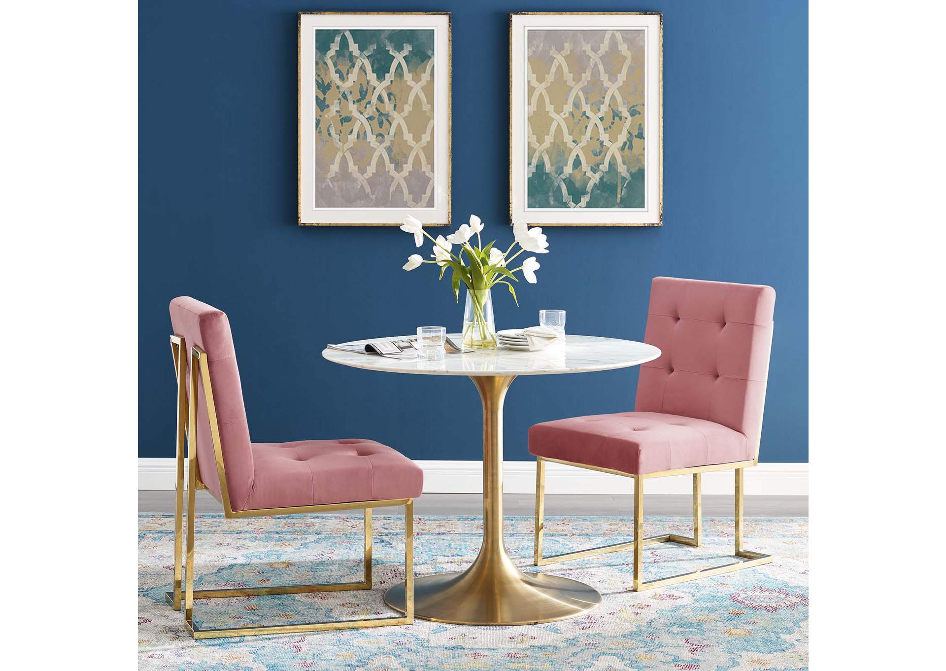 Gold Dusty Rose Privy Gold Stainless Steel Performance Velvet Dining Chair [Set of 2],Modway