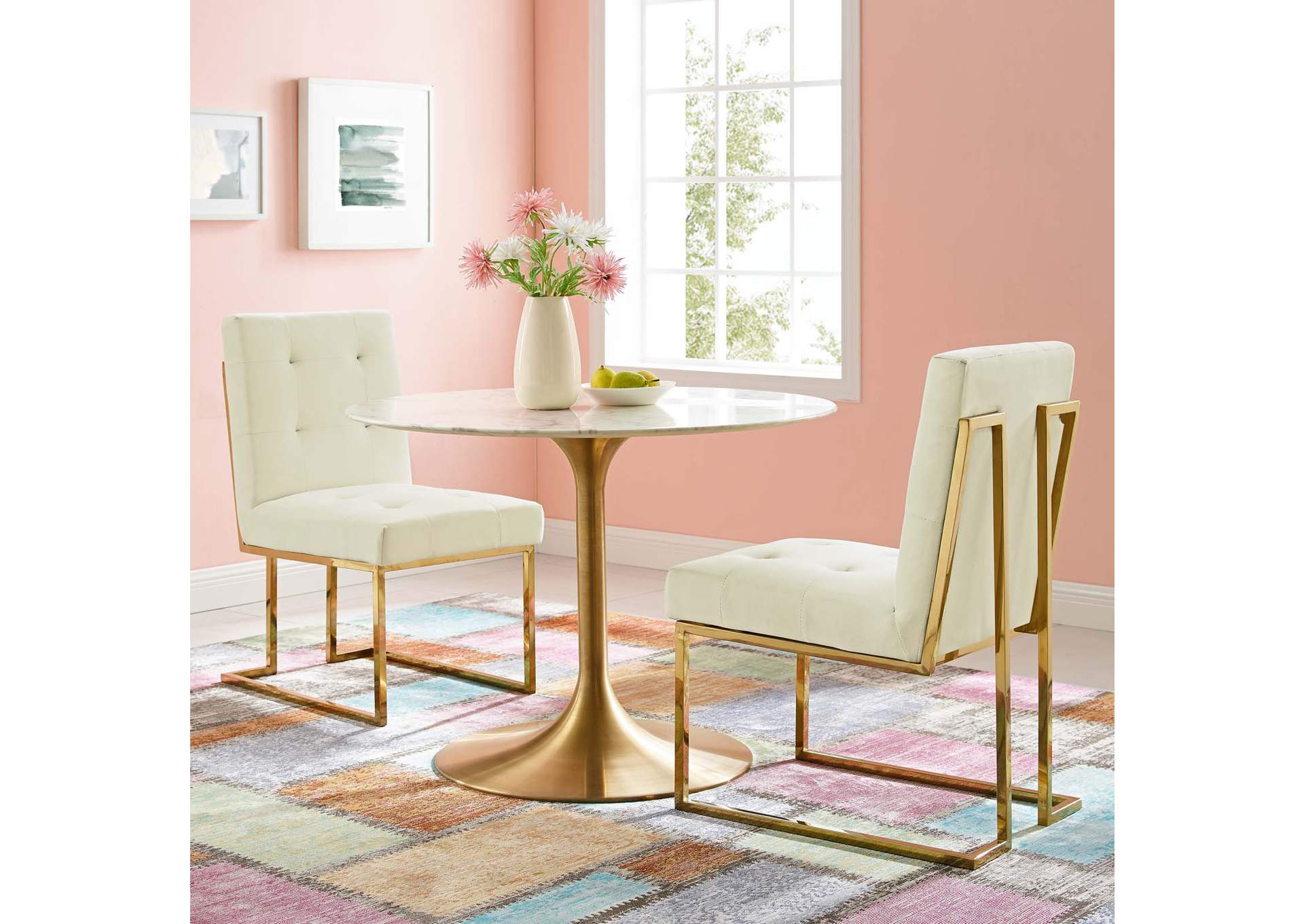 Gold Ivory Privy Gold Stainless Steel Performance Velvet Dining Chair [Set of 2],Modway