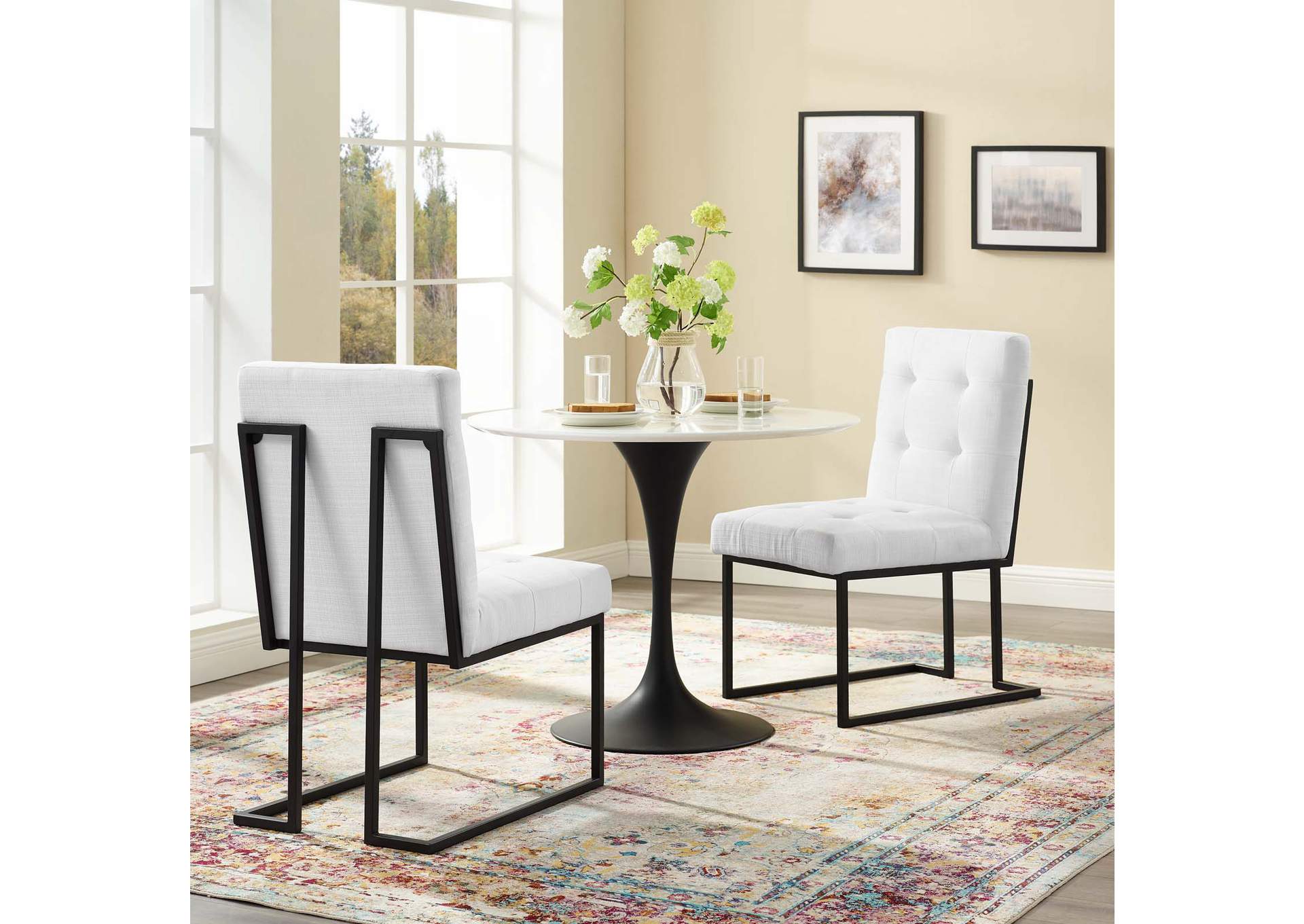 Black White Privy Black Stainless Steel Upholstered Fabric Dining Chair [Set of 2],Modway