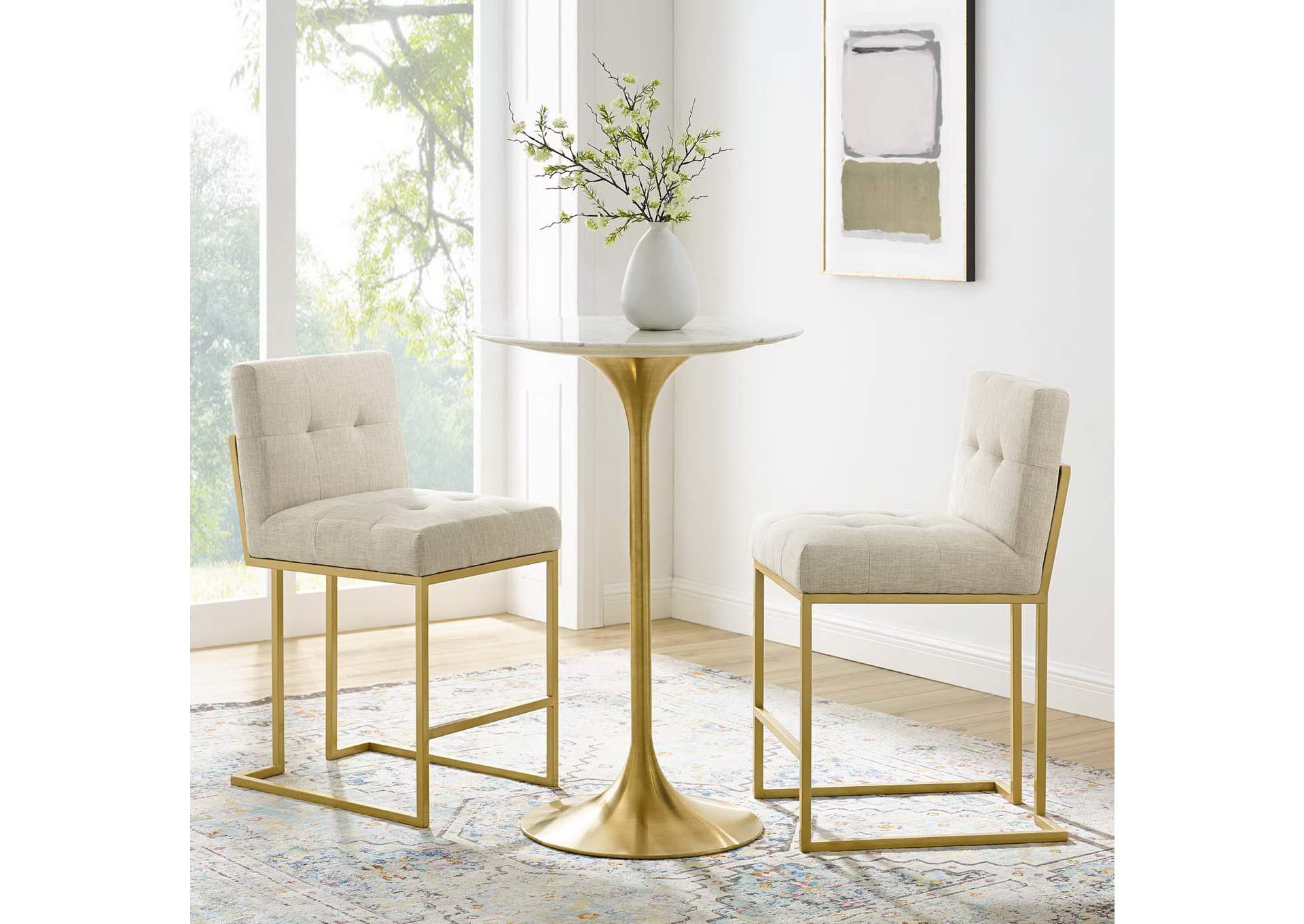 Gold Beige Privy Gold Stainless Steel Upholstered Fabric Counter Stool [Set of 2],Modway
