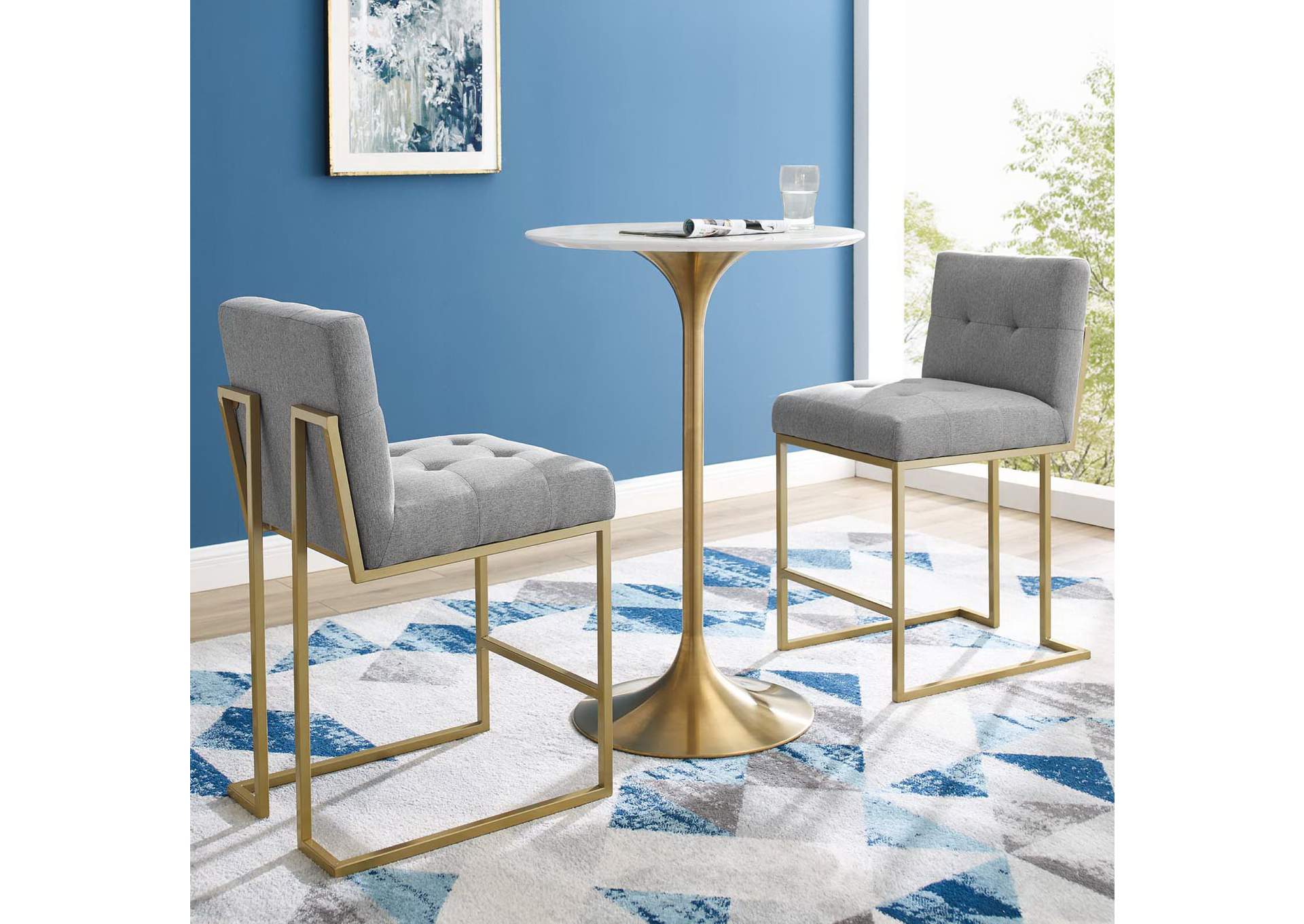 Gold Light Gray Privy Gold Stainless Steel Upholstered Fabric Counter Stool [Set of 2],Modway