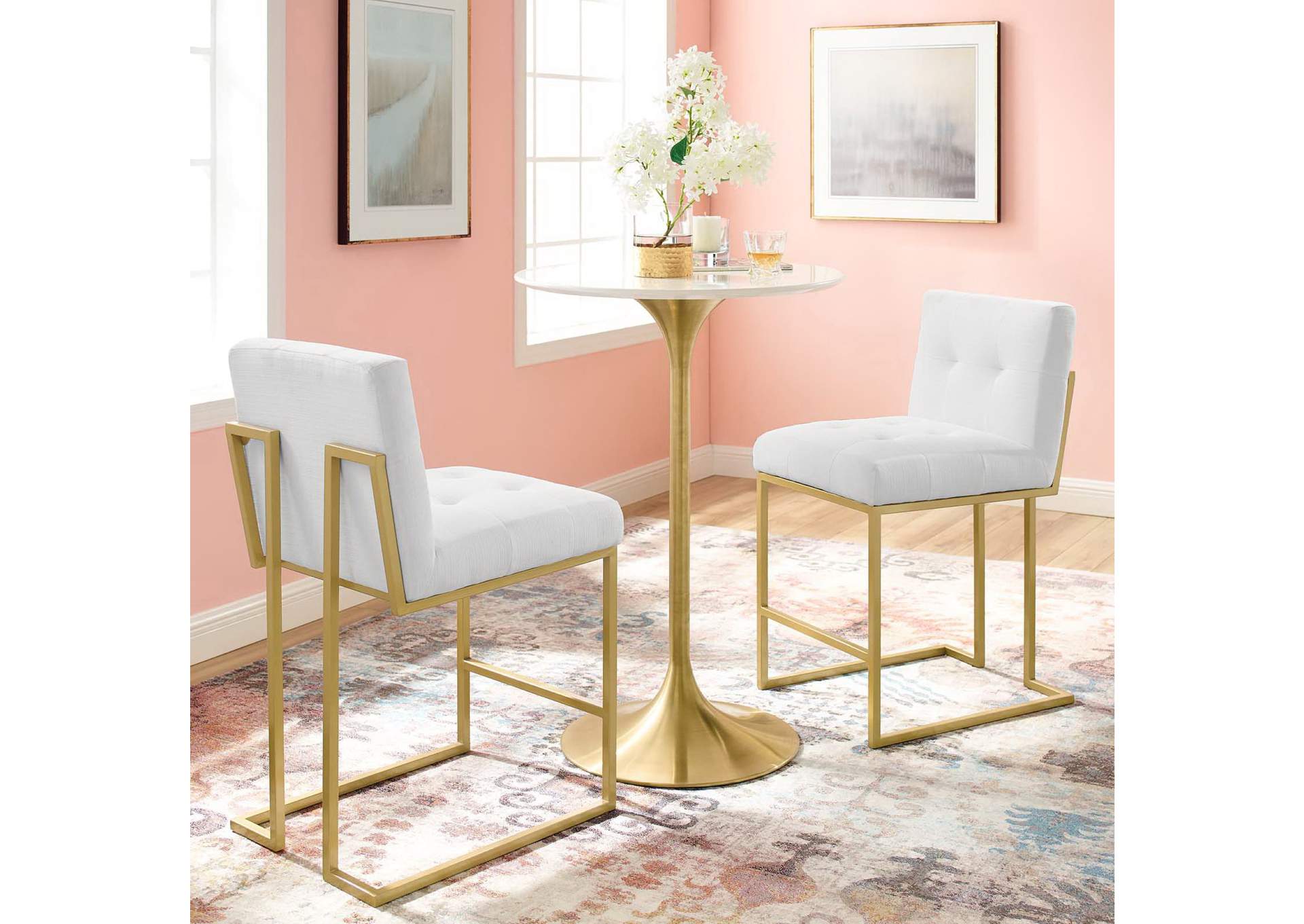 Gold White Privy Gold Stainless Steel Upholstered Fabric Counter Stool [Set of 2],Modway