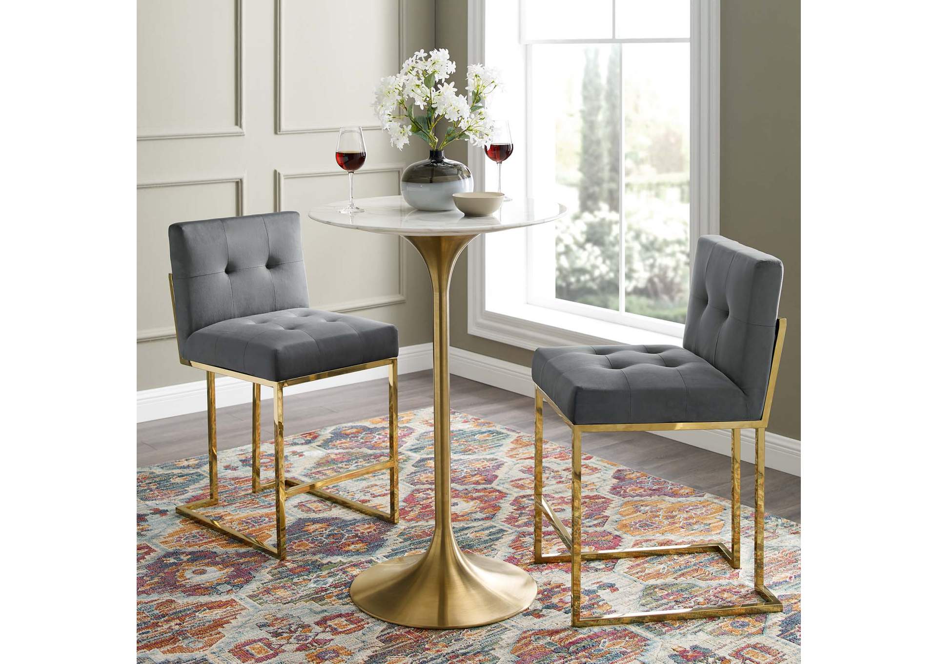 Gold Charcoal Privy Gold Stainless Steel Performance Velvet Counter Stool [Set of 2],Modway