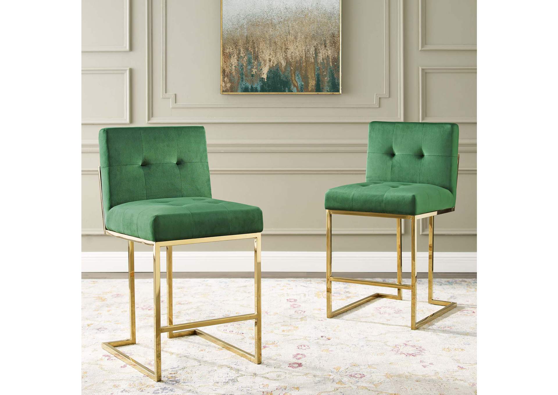 Gold Emerald Privy Gold Stainless Steel Performance Velvet Counter Stool [Set of 2],Modway