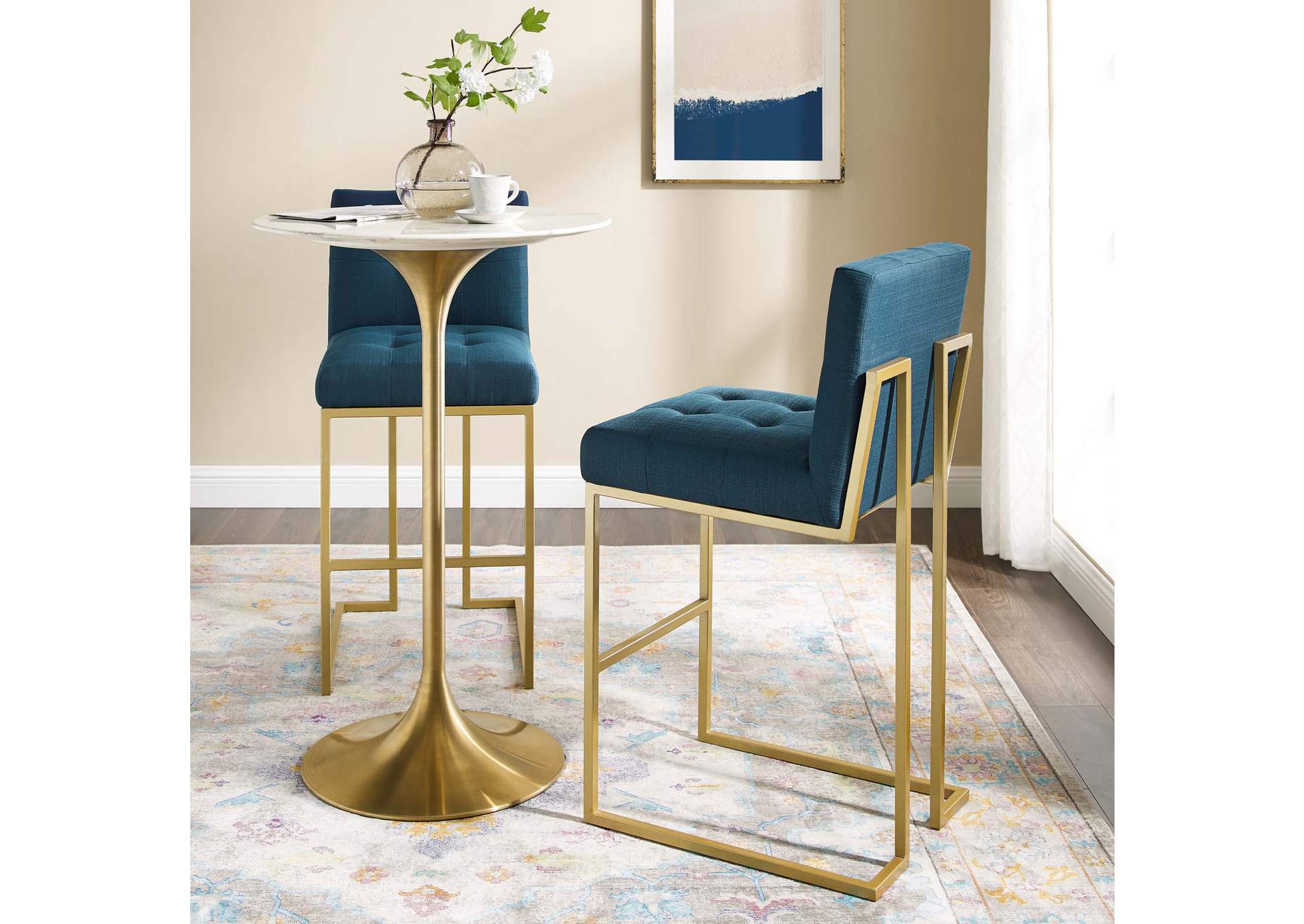Gold Azure Privy Gold Stainless Steel Performance Velvet Bar Stool [Set of 2],Modway