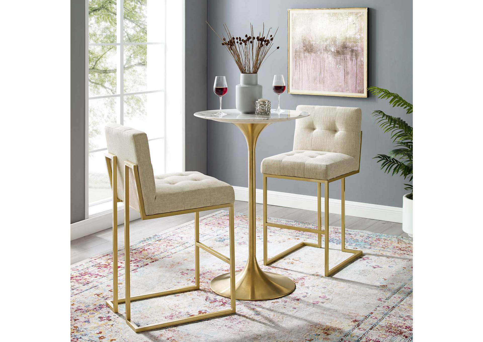 Gold Beige Privy Gold Stainless Steel Performance Velvet Bar Stool [Set of 2],Modway