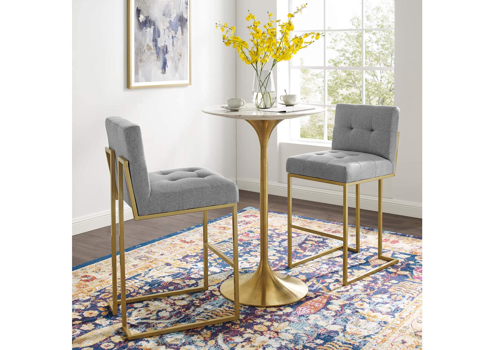 Gold Light Gray Privy Gold Stainless Steel Performance Velvet Bar Stool [Set of 2],Modway