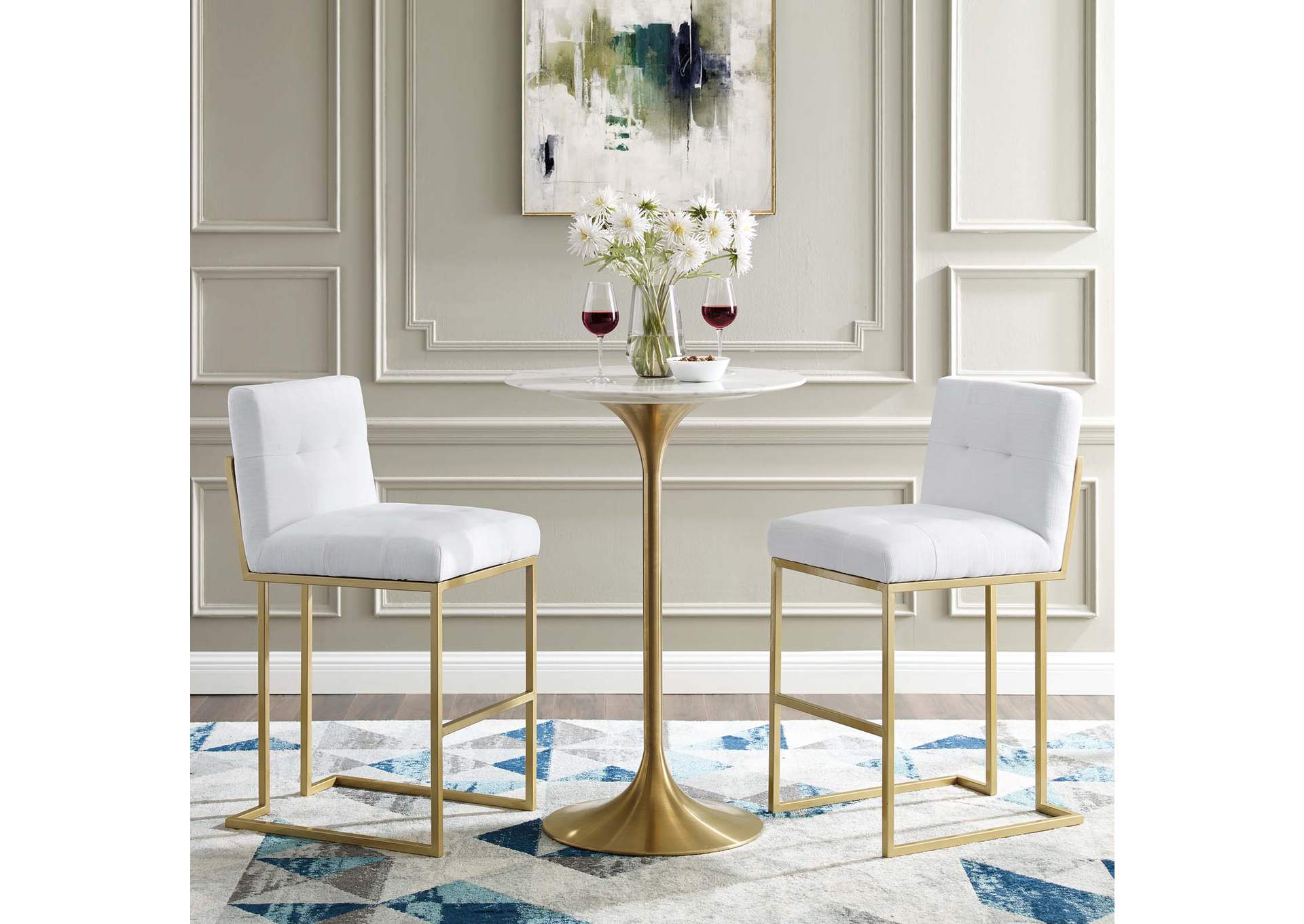 Gold White Privy Gold Stainless Steel Performance Velvet Bar Stool [Set of 2],Modway
