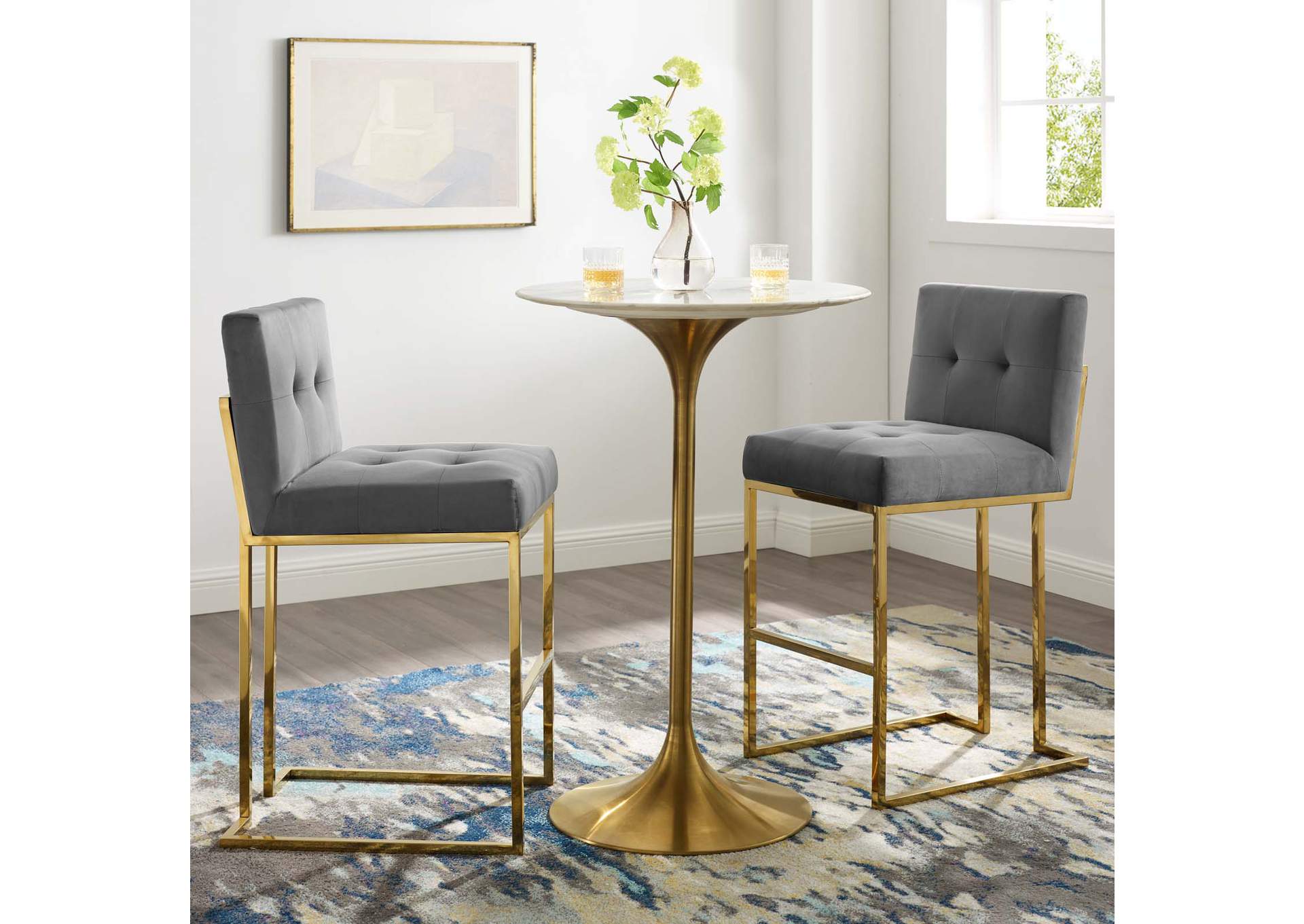 Gold Charcoal Privy Gold Stainless Steel Performance Velvet Bar Stool [Set of 2],Modway